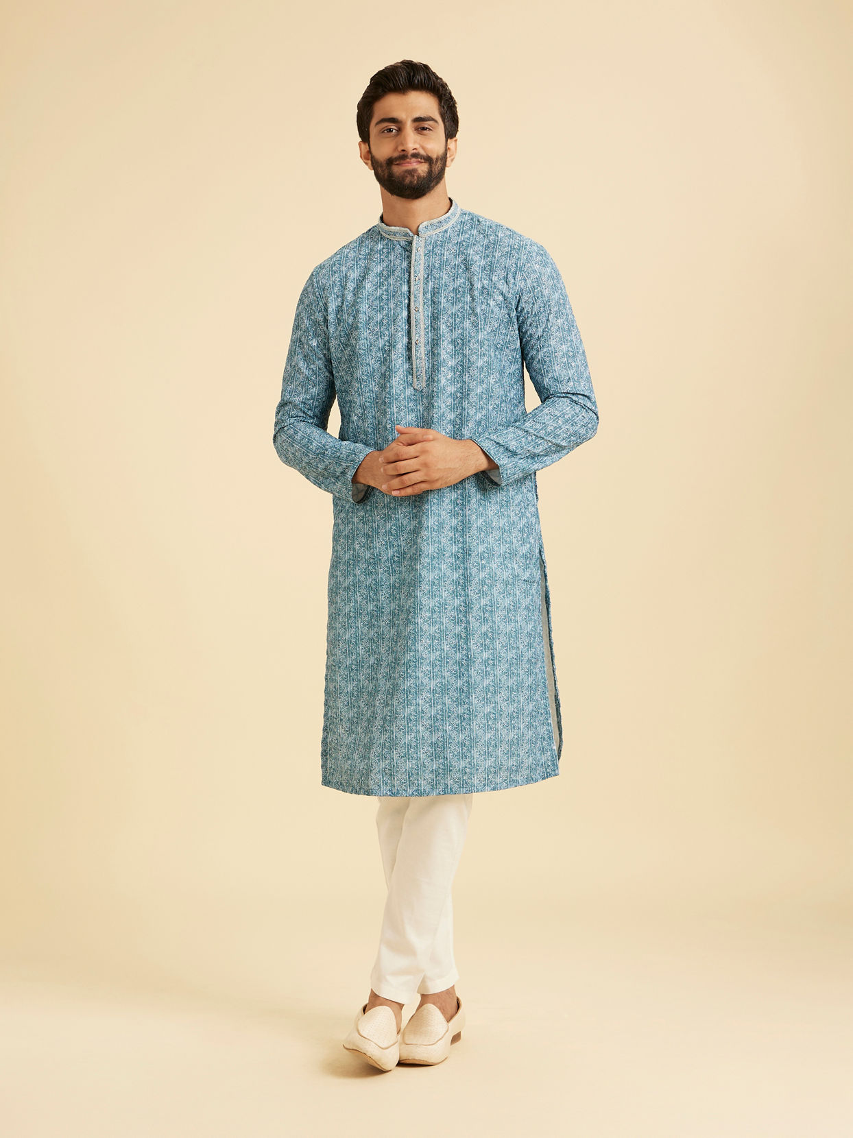 Manyavar Men Teal Blue Elegance Kurta Pajama