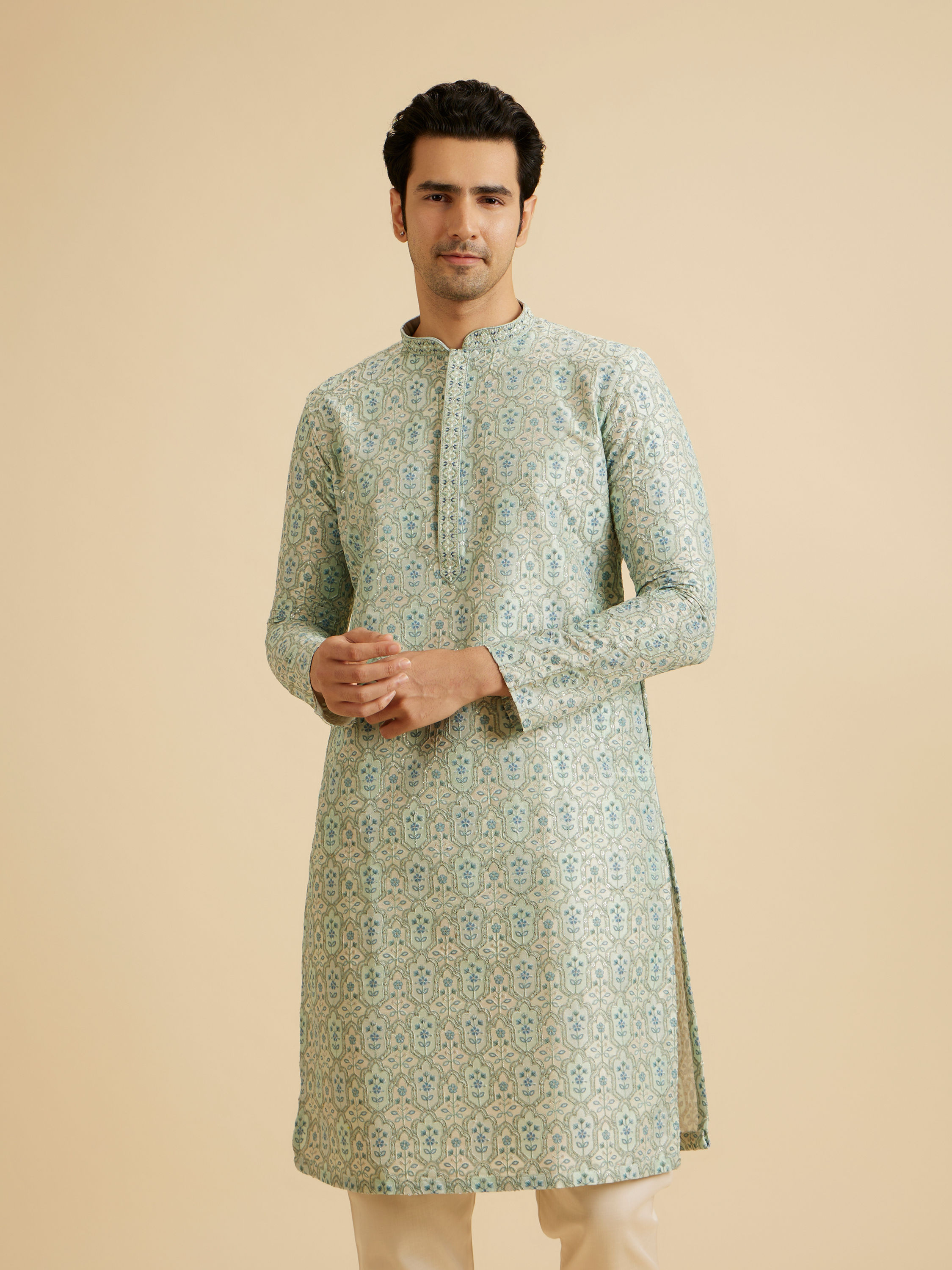 Manyavar Men Light Mid Green Festive Kurta Pajama