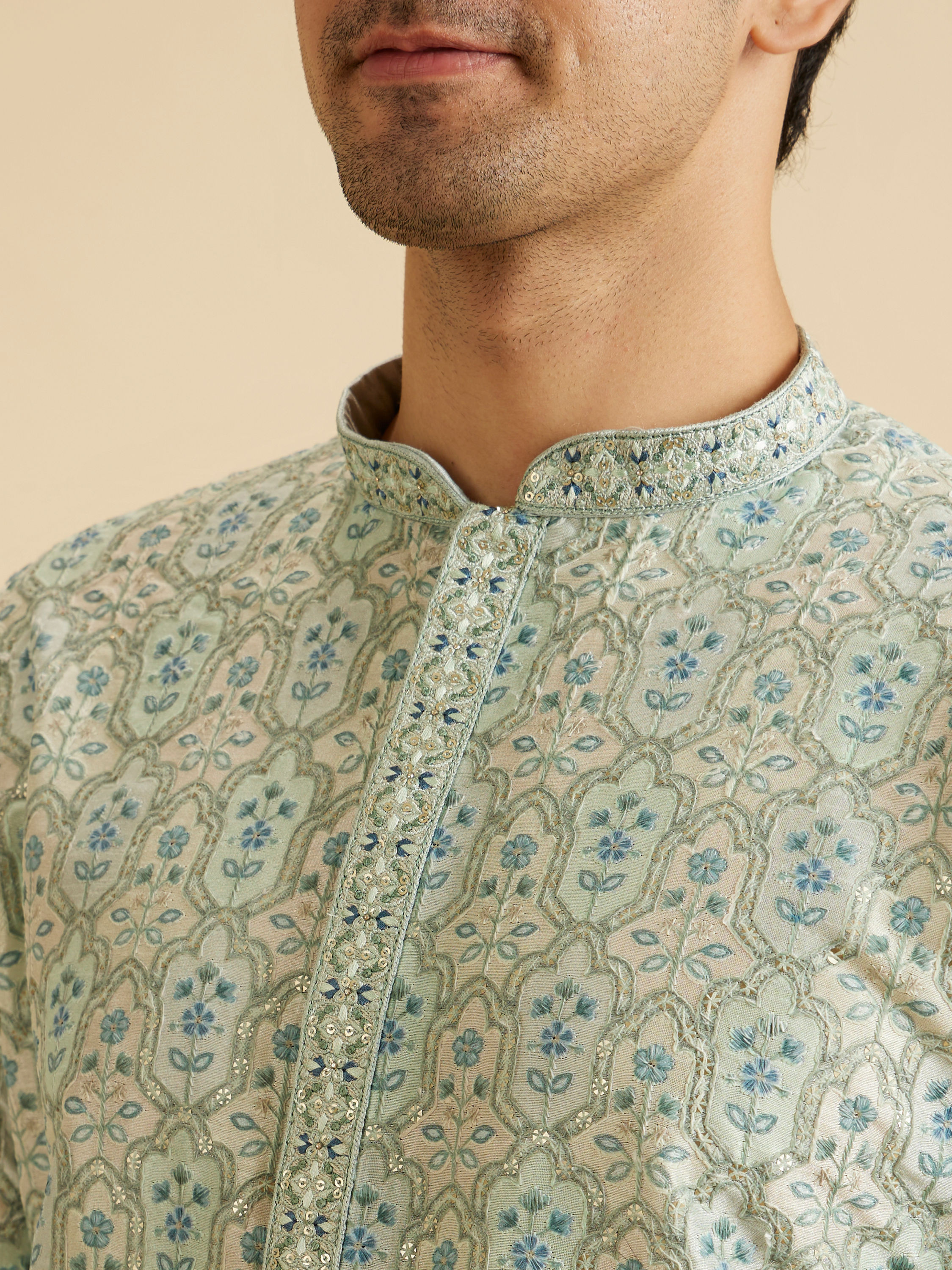 Manyavar Men Light Mid Green Festive Kurta Pajama
