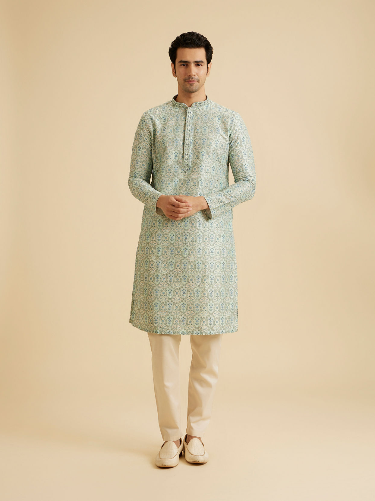 Manyavar Men Light Mid Green Festive Kurta Pajama