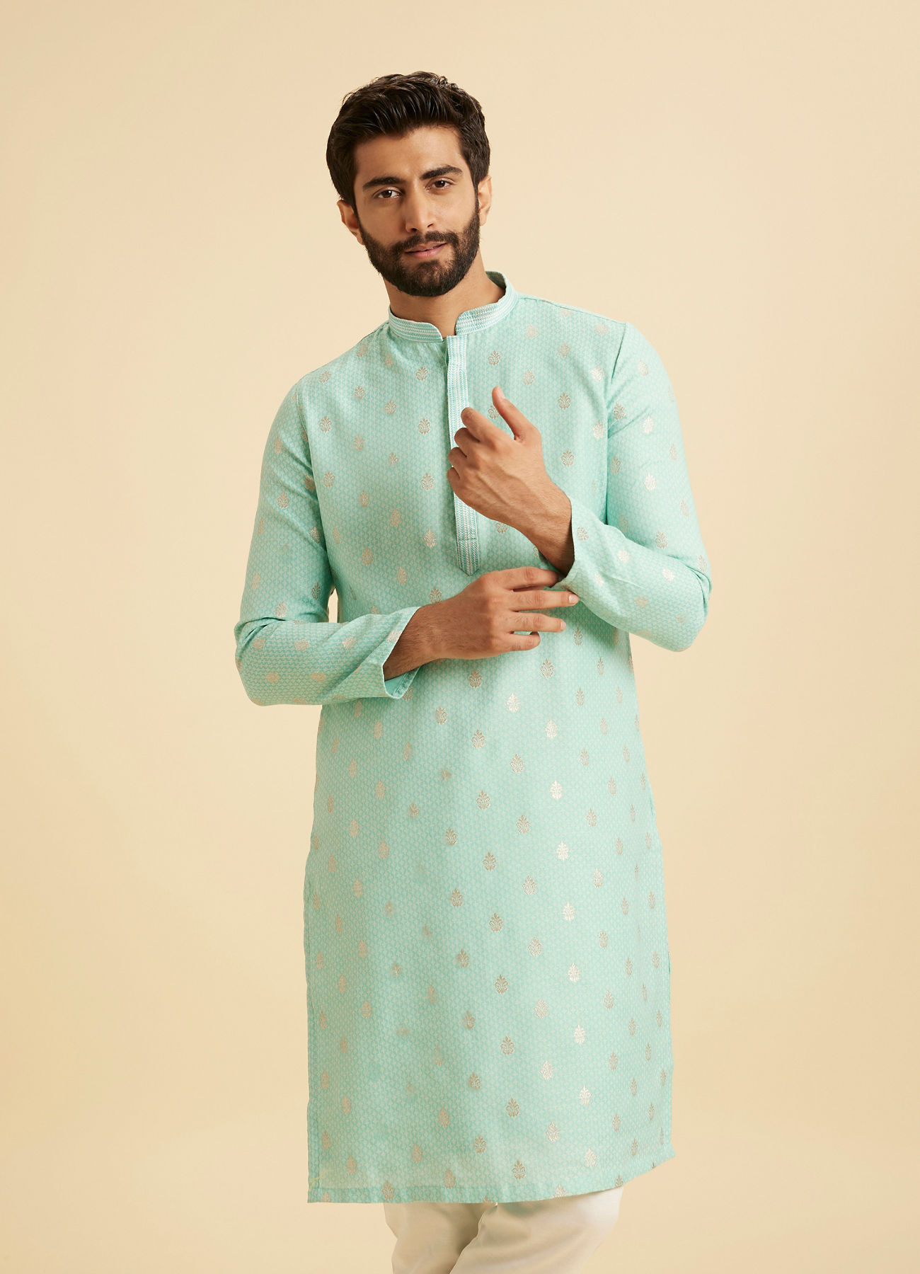 Manyavar Men Aqua Green Blended Cotton Kurta Pajama Set