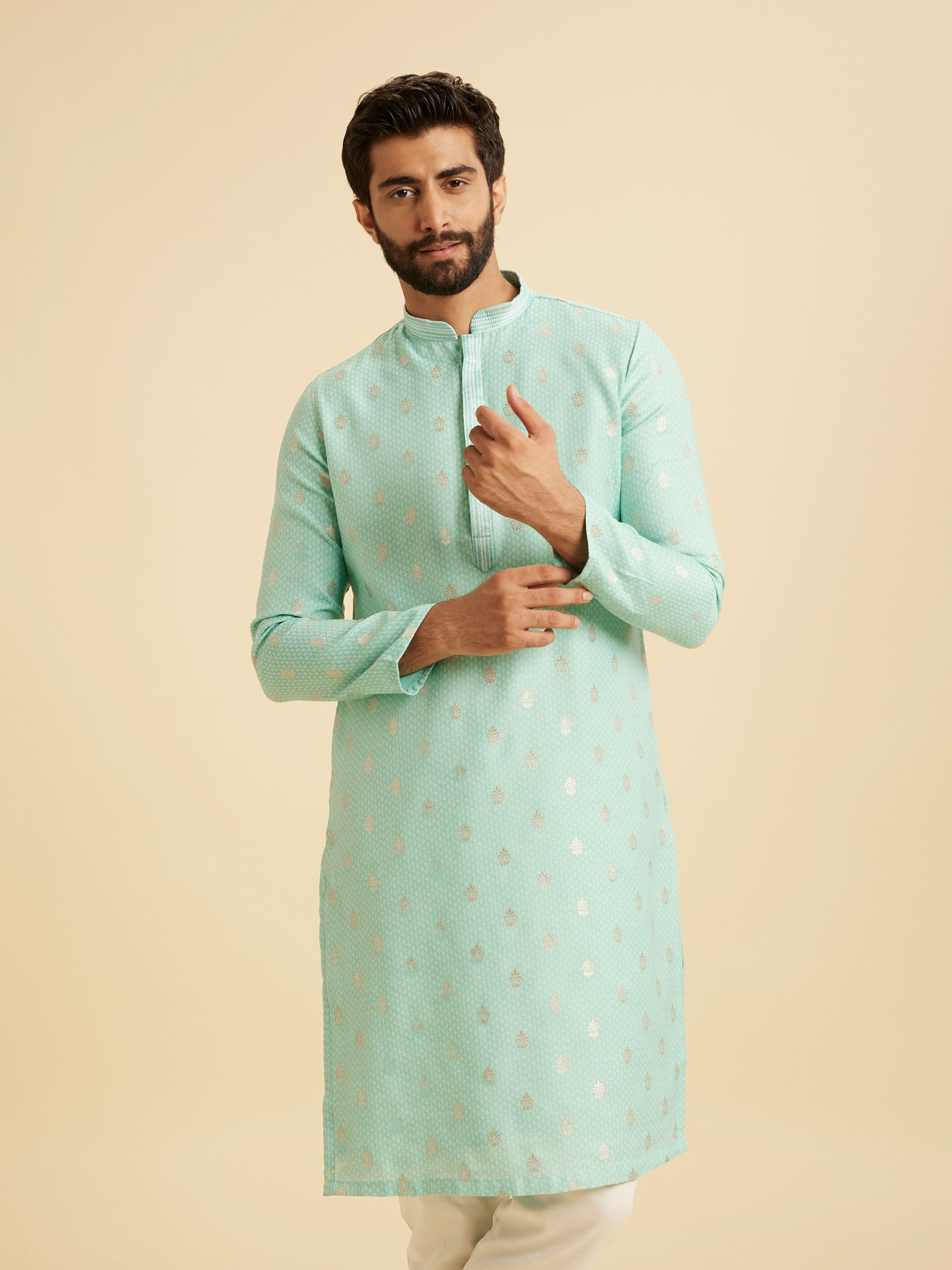 Manyavar Men Aqua Green Blended Cotton Kurta Pajama Set