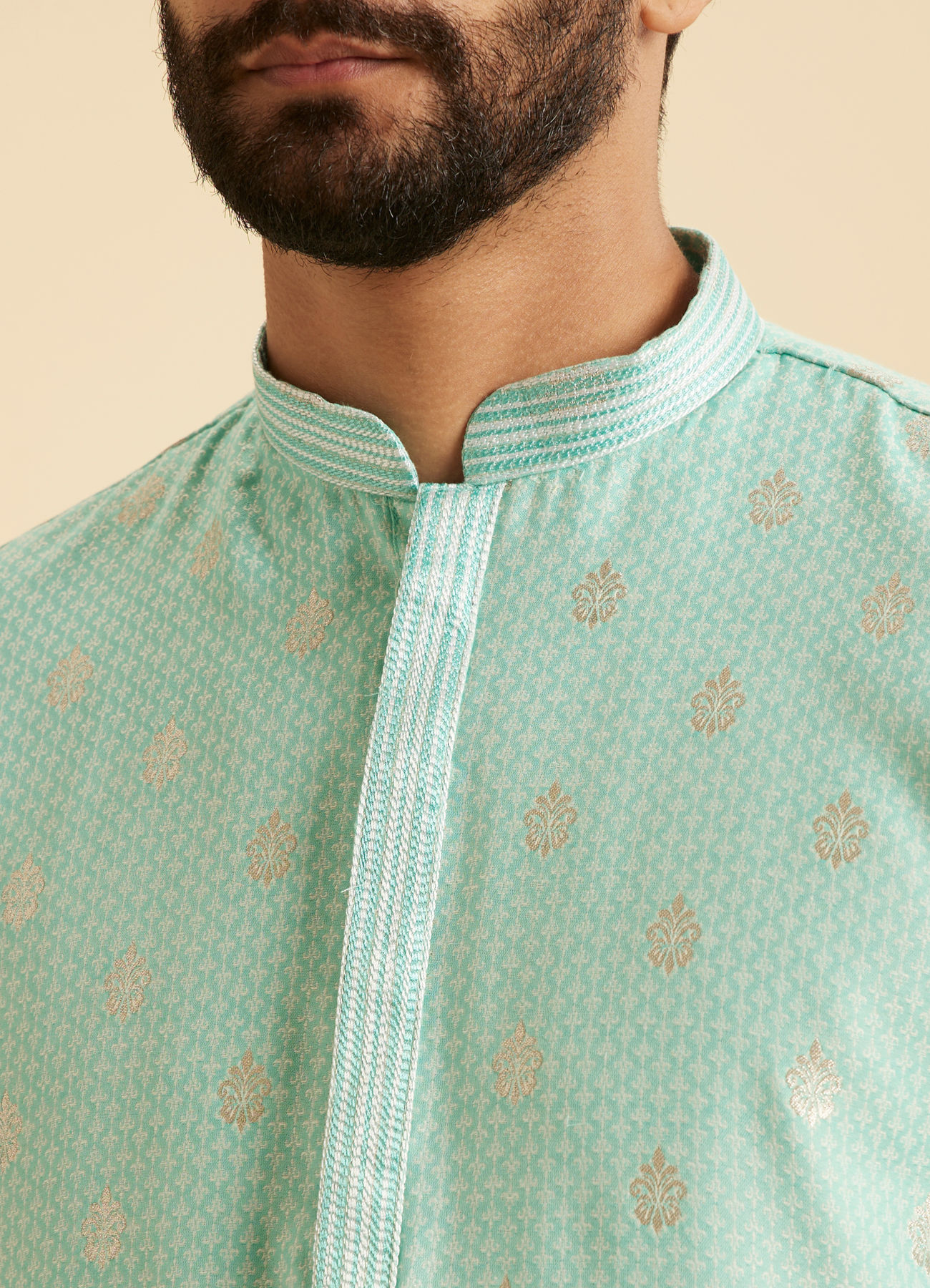 Manyavar Men Aqua Green Blended Cotton Kurta Pajama Set