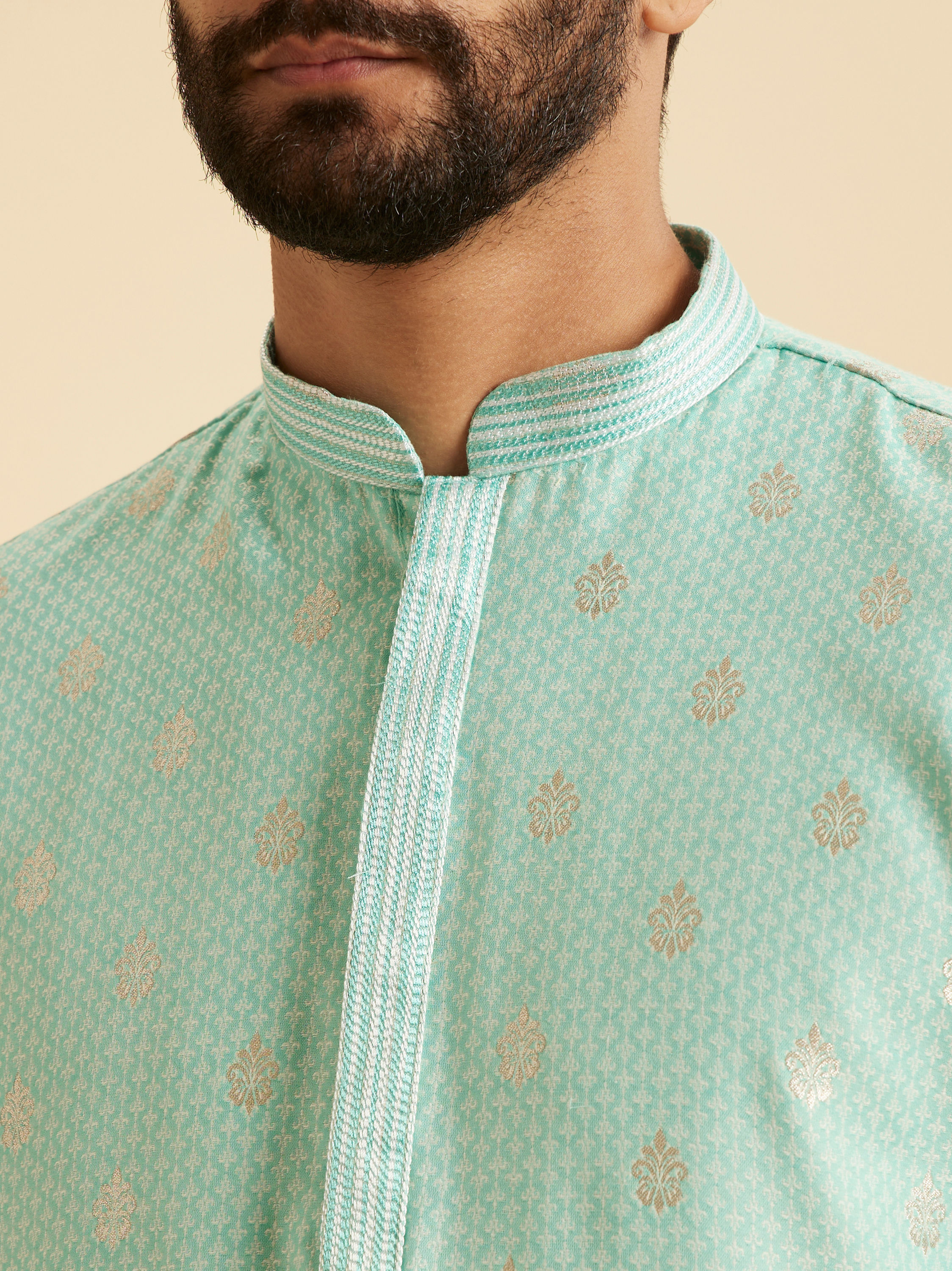 Manyavar Men Aqua Green Blended Cotton Kurta Pajama Set