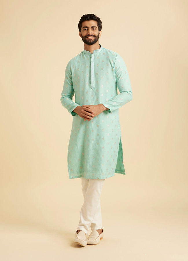 Manyavar Men Aqua Green Blended Cotton Kurta Pajama Set