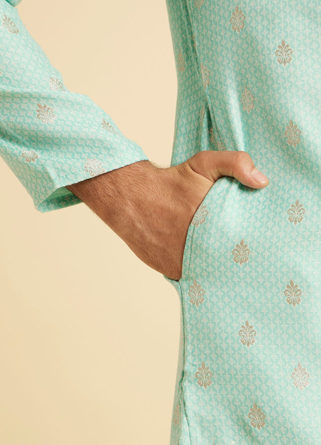 Manyavar Men Aqua Green Blended Cotton Kurta Pajama Set