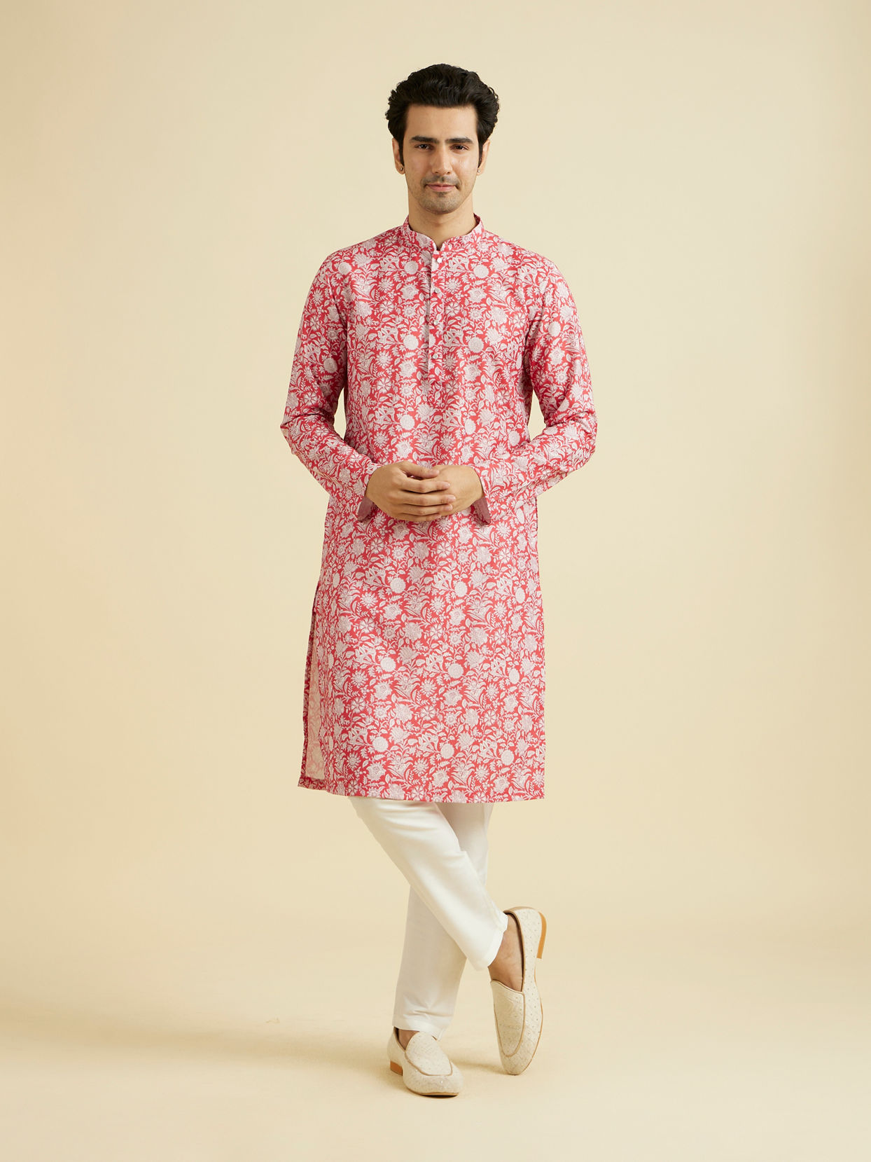 Manyavar Men Majestic Red Cotton Kurta Pajama Set