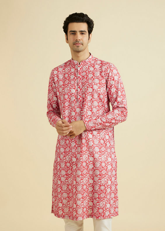 Manyavar Men Majestic Red Cotton Kurta Pajama Set