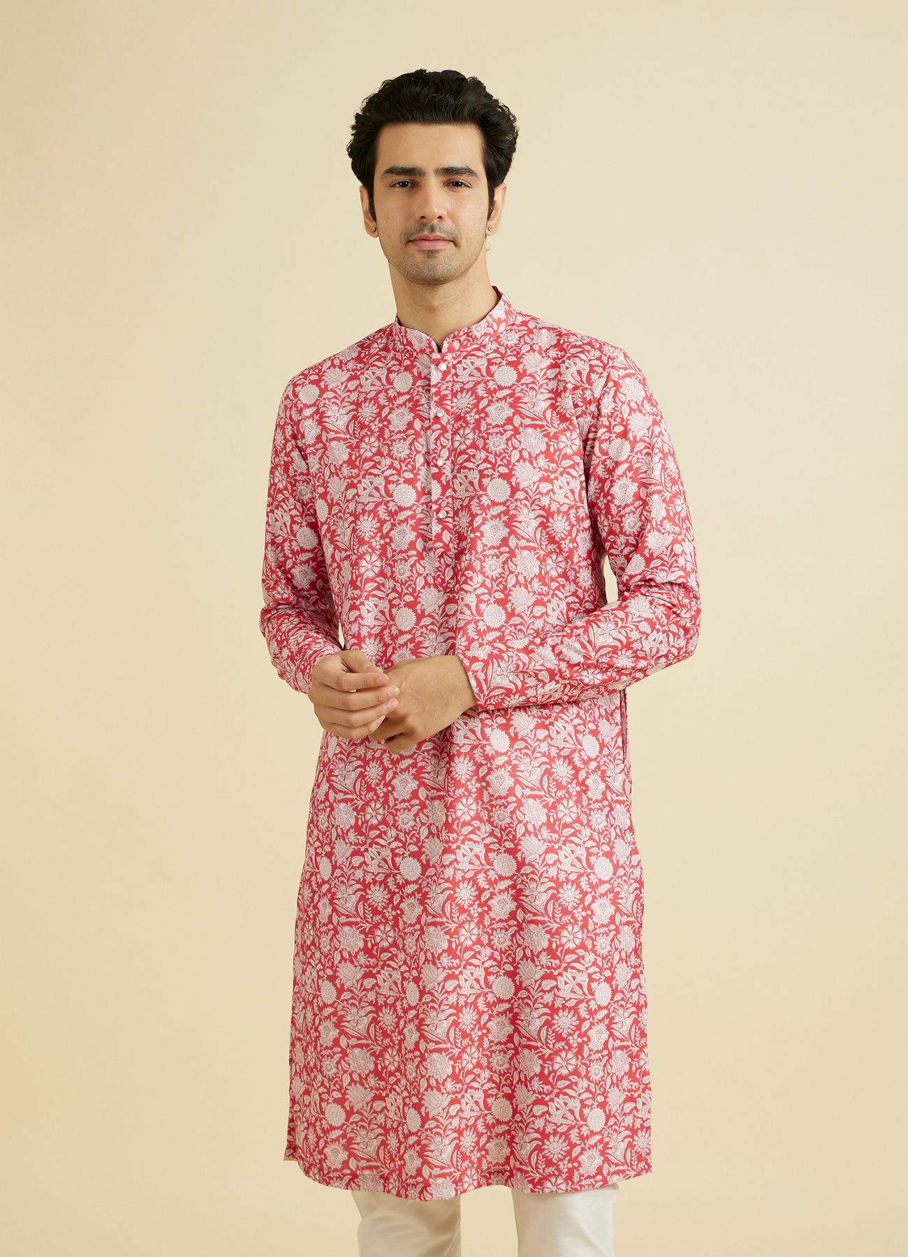 Manyavar Men Majestic Red Cotton Kurta Pajama Set