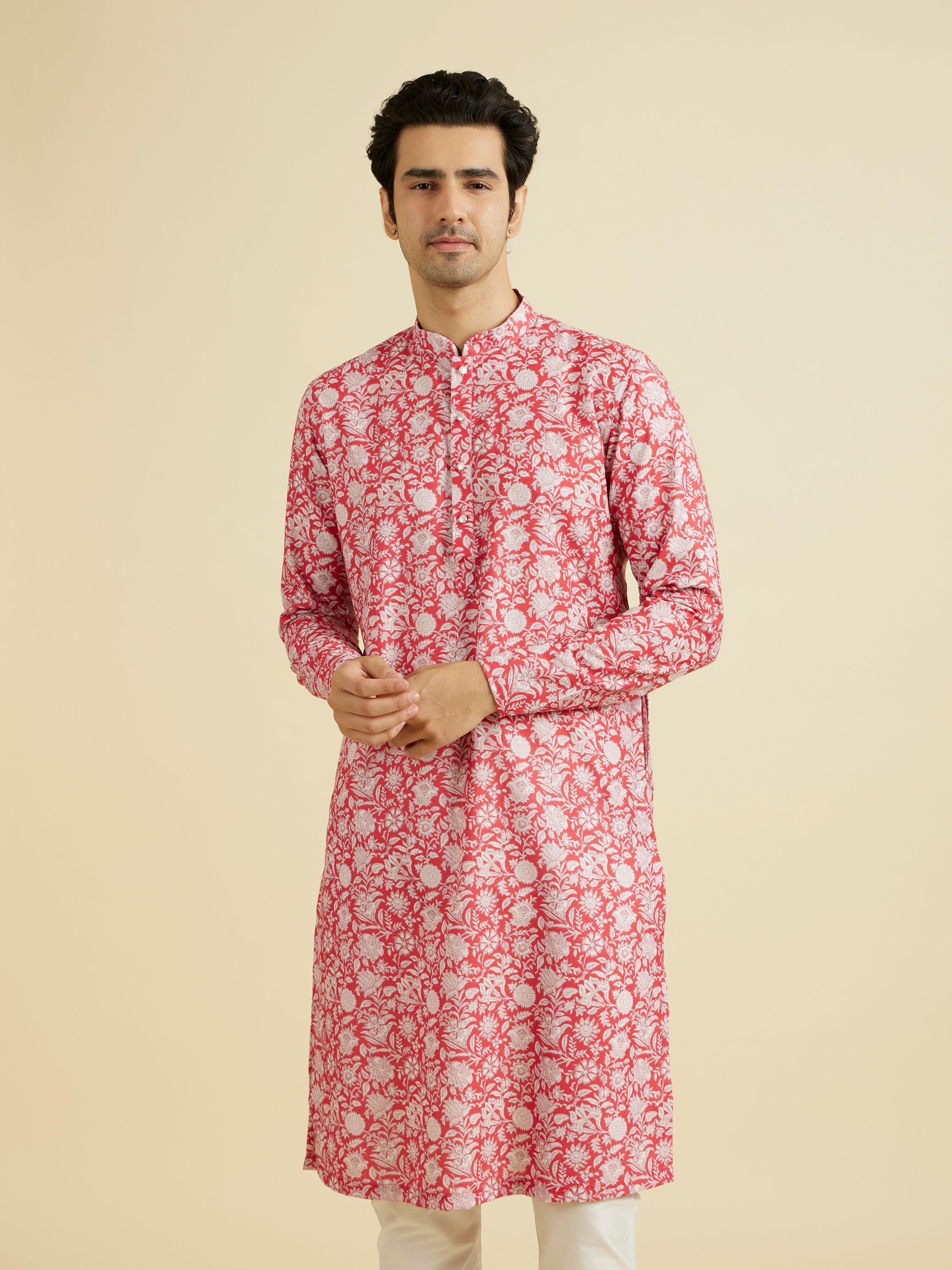 Manyavar Men Majestic Red Cotton Kurta Pajama Set