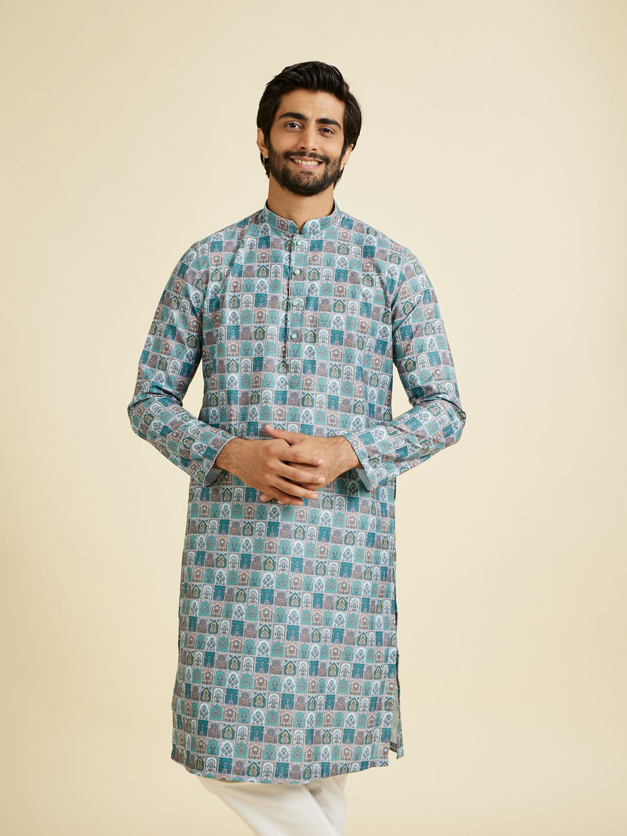 Manyavar Men Teal Green Festive Kurta Pajama