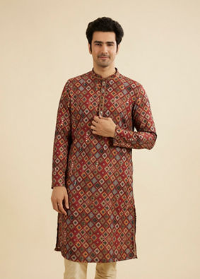 Manyavar Men Maroon Red Kaleidoscopic Grid Printed Kurta Set with Mirror Work