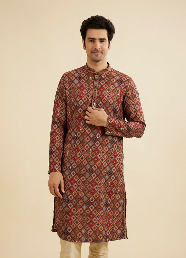 Manyavar Men Maroon Red Kaleidoscopic Grid Printed Kurta Set with Mirror Work