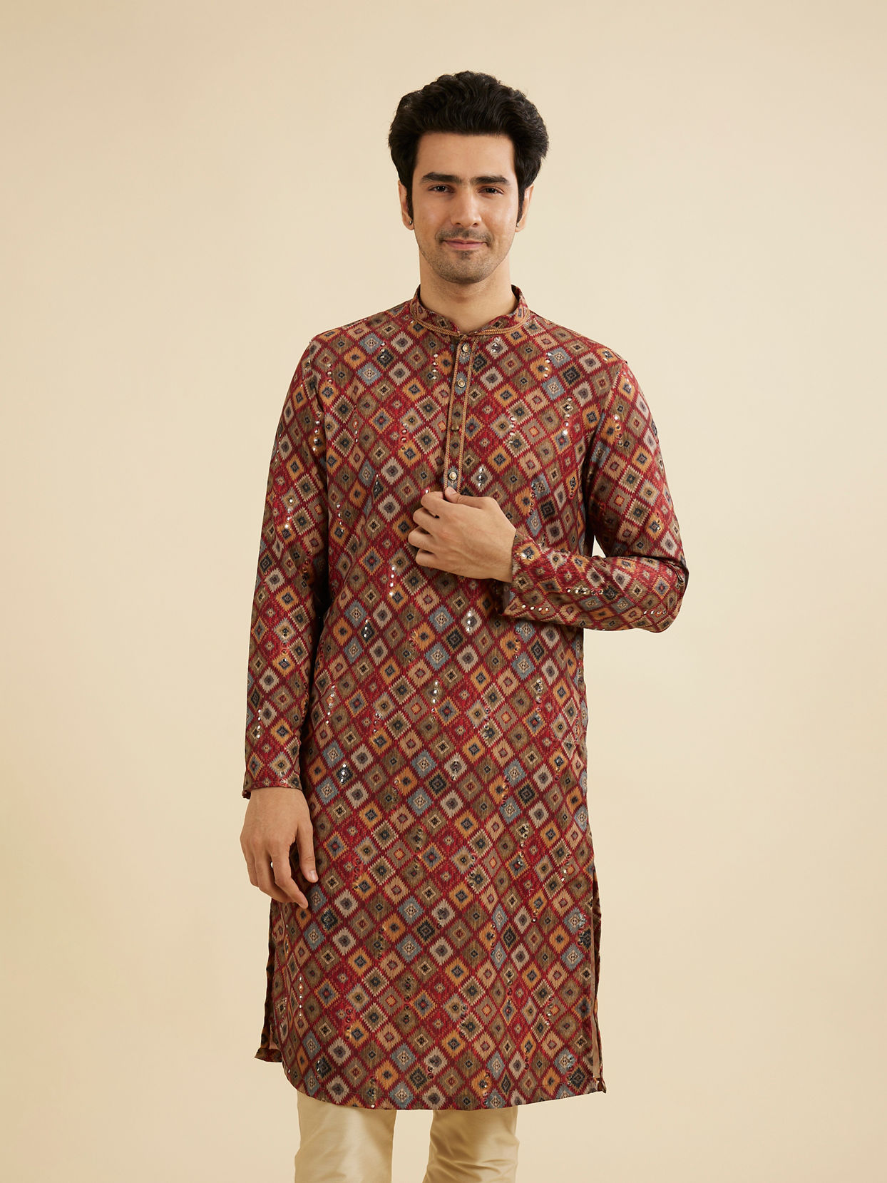 Manyavar Men Maroon Red Kaleidoscopic Grid Printed Kurta Set with Mirror Work