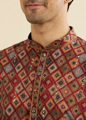 Manyavar Men Maroon Red Kaleidoscopic Grid Printed Kurta Set with Mirror Work