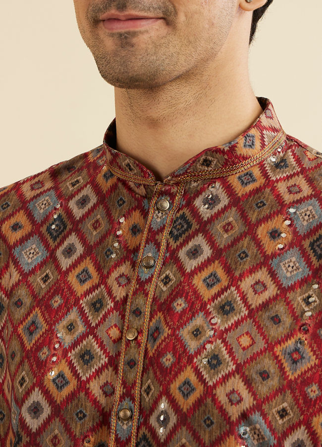 Manyavar Men Maroon Red Kaleidoscopic Grid Printed Kurta Set with Mirror Work