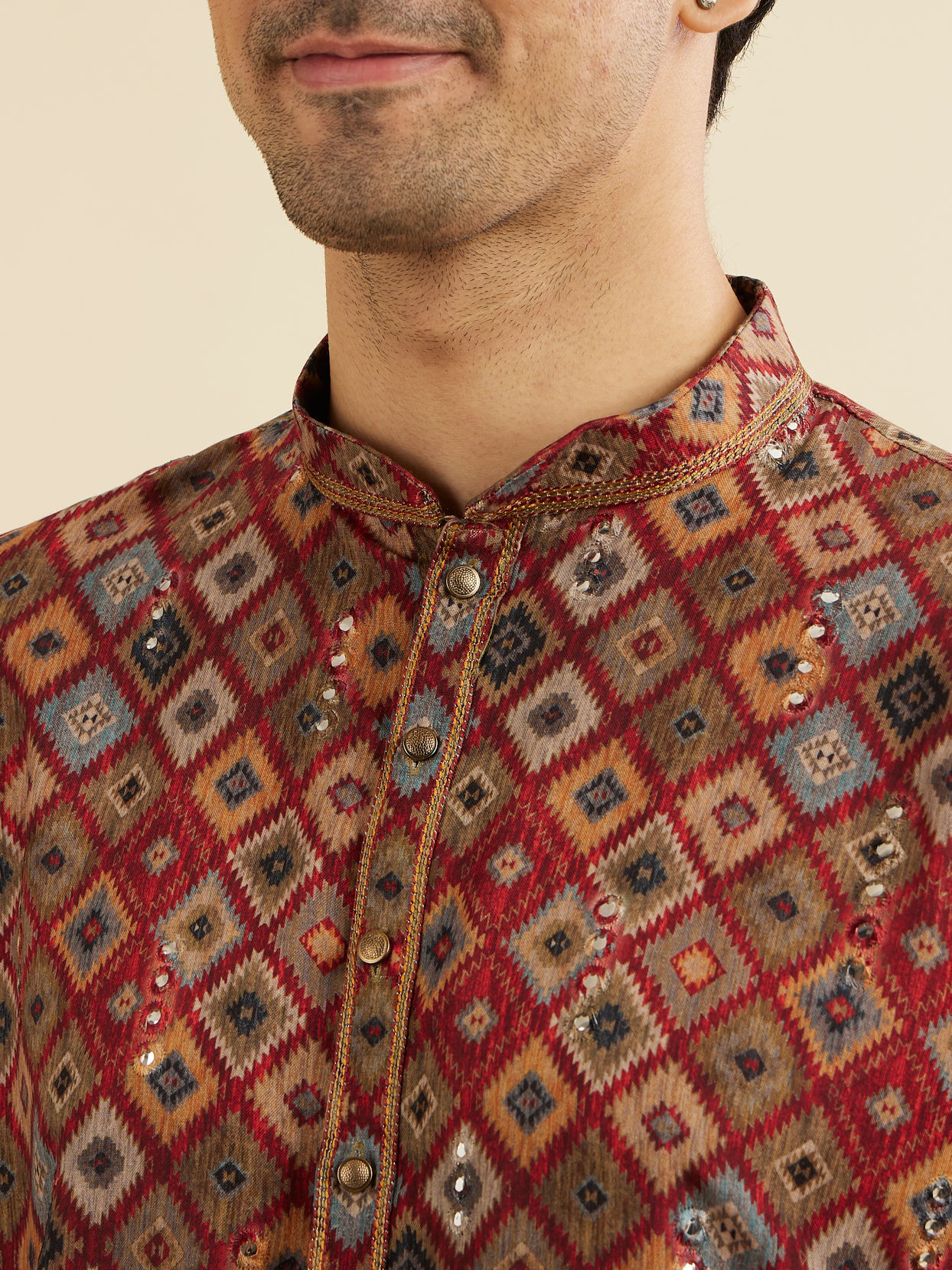 Manyavar Men Maroon Red Kaleidoscopic Grid Printed Kurta Set with Mirror Work