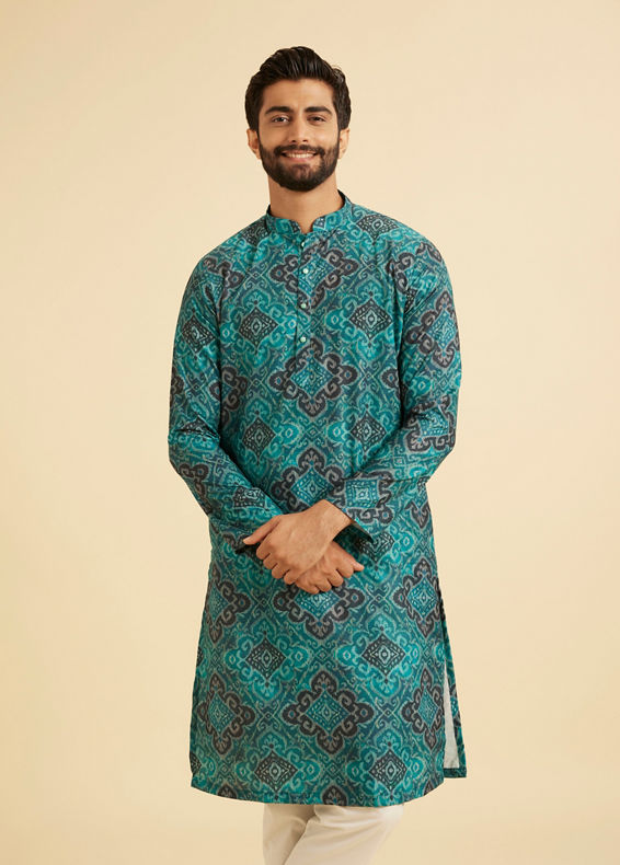 Manyavar Men Turquoise Blue Lustrous Kurta Pajama