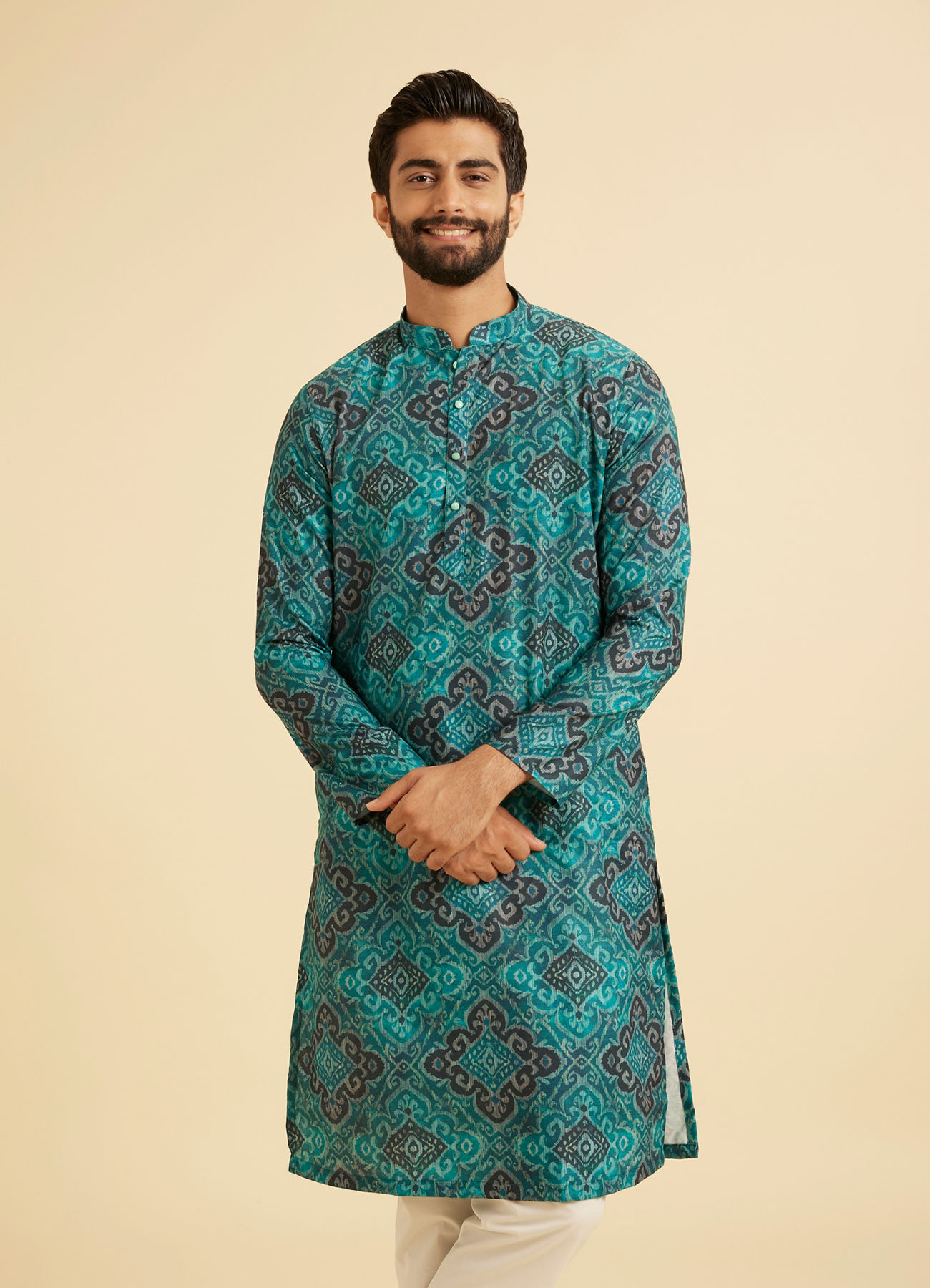 Manyavar Men Turquoise Blue Lustrous Kurta Pajama