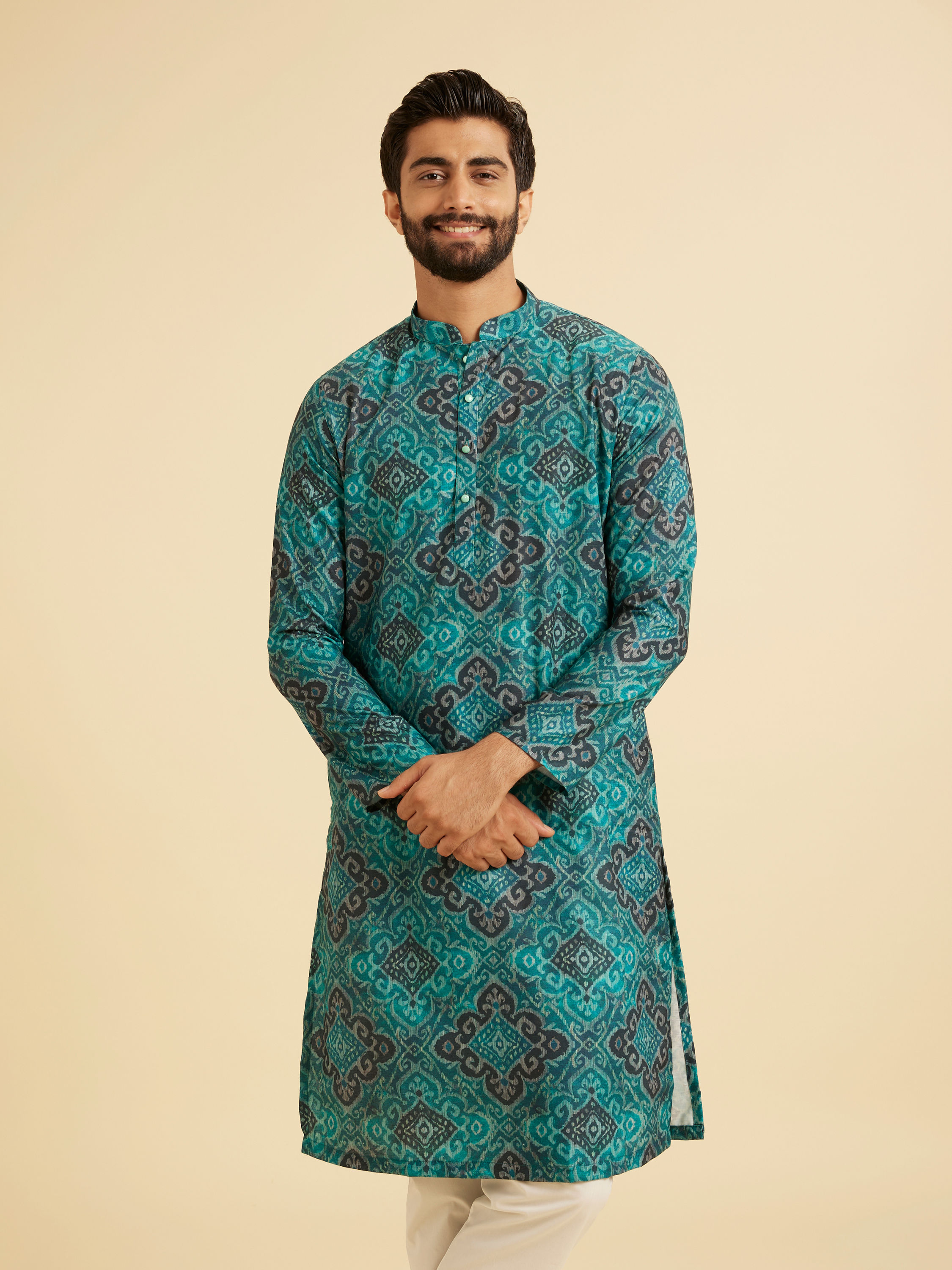 Manyavar Men Turquoise Blue Lustrous Kurta Pajama