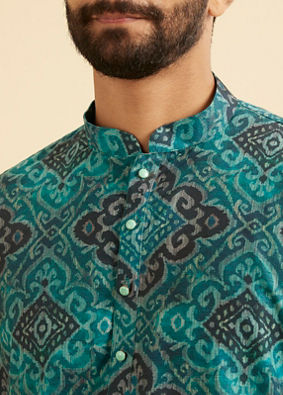 Manyavar Men Turquoise Blue Lustrous Kurta Pajama