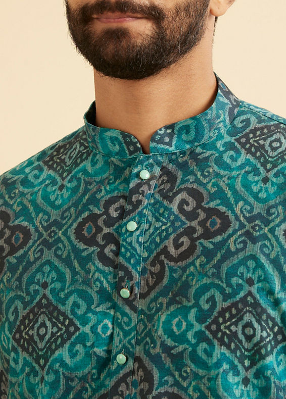 Manyavar Men Turquoise Blue Lustrous Kurta Pajama