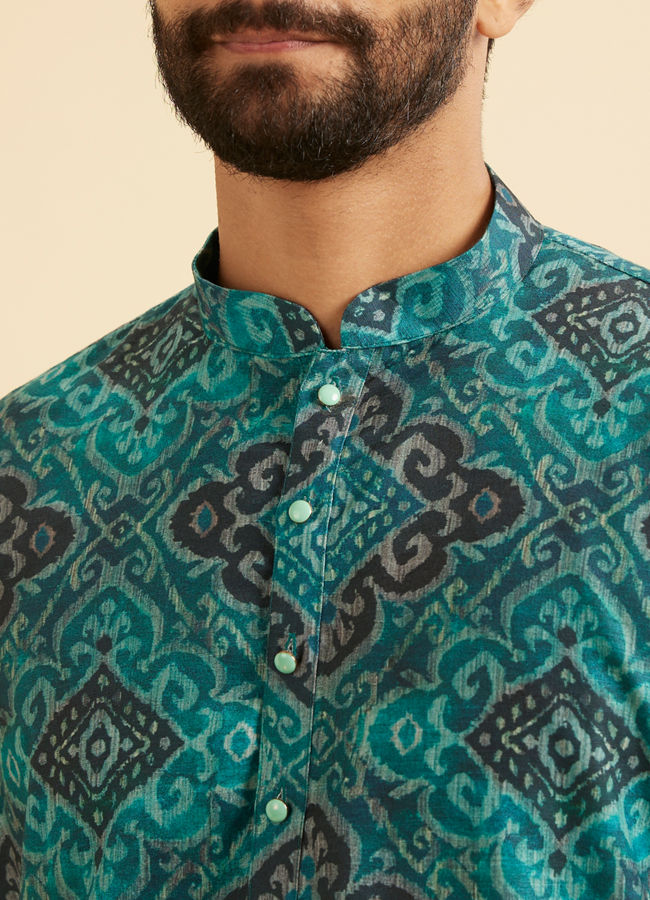 Manyavar Men Turquoise Blue Lustrous Kurta Pajama