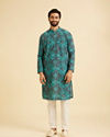 Manyavar Men Turquoise Blue Lustrous Kurta Pajama