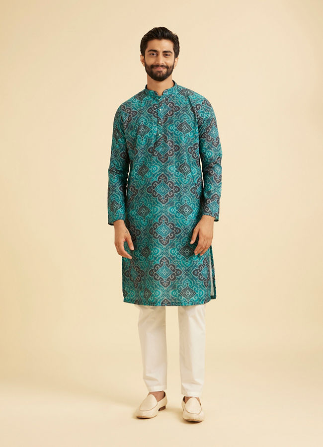 Manyavar Men Turquoise Blue Lustrous Kurta Pajama