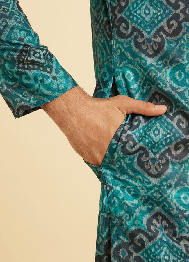 Manyavar Men Turquoise Blue Lustrous Kurta Pajama