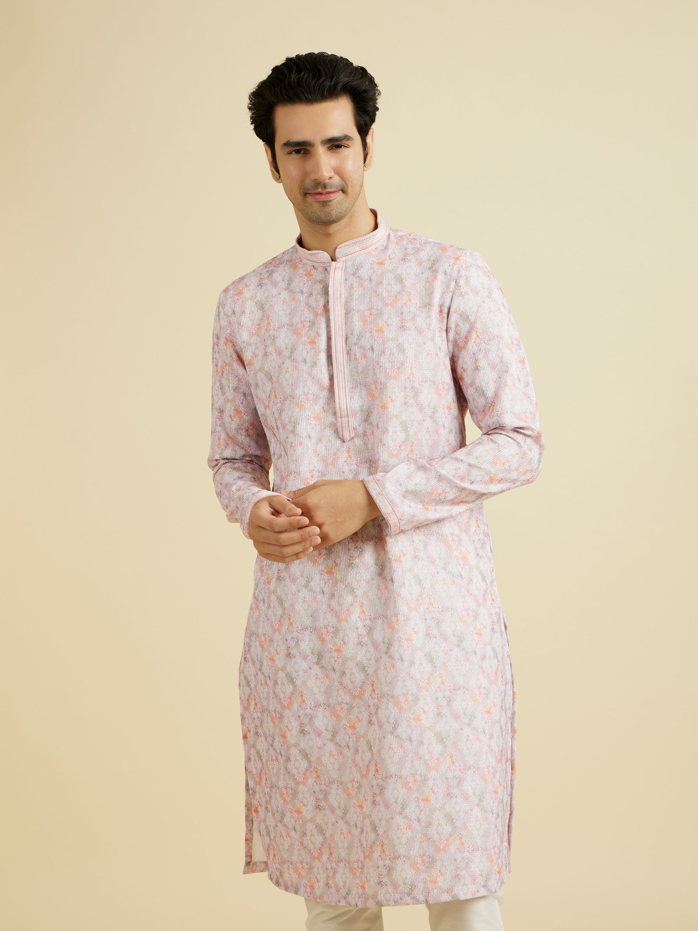 Manyavar Men Glamorous Pink Kurta Pajama Ensemble