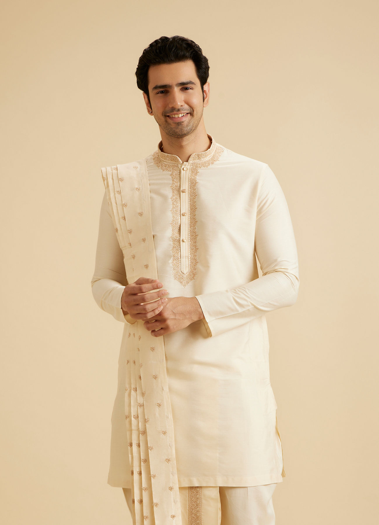Manyavar Men Elegant Cream Kurta Dhoti Set