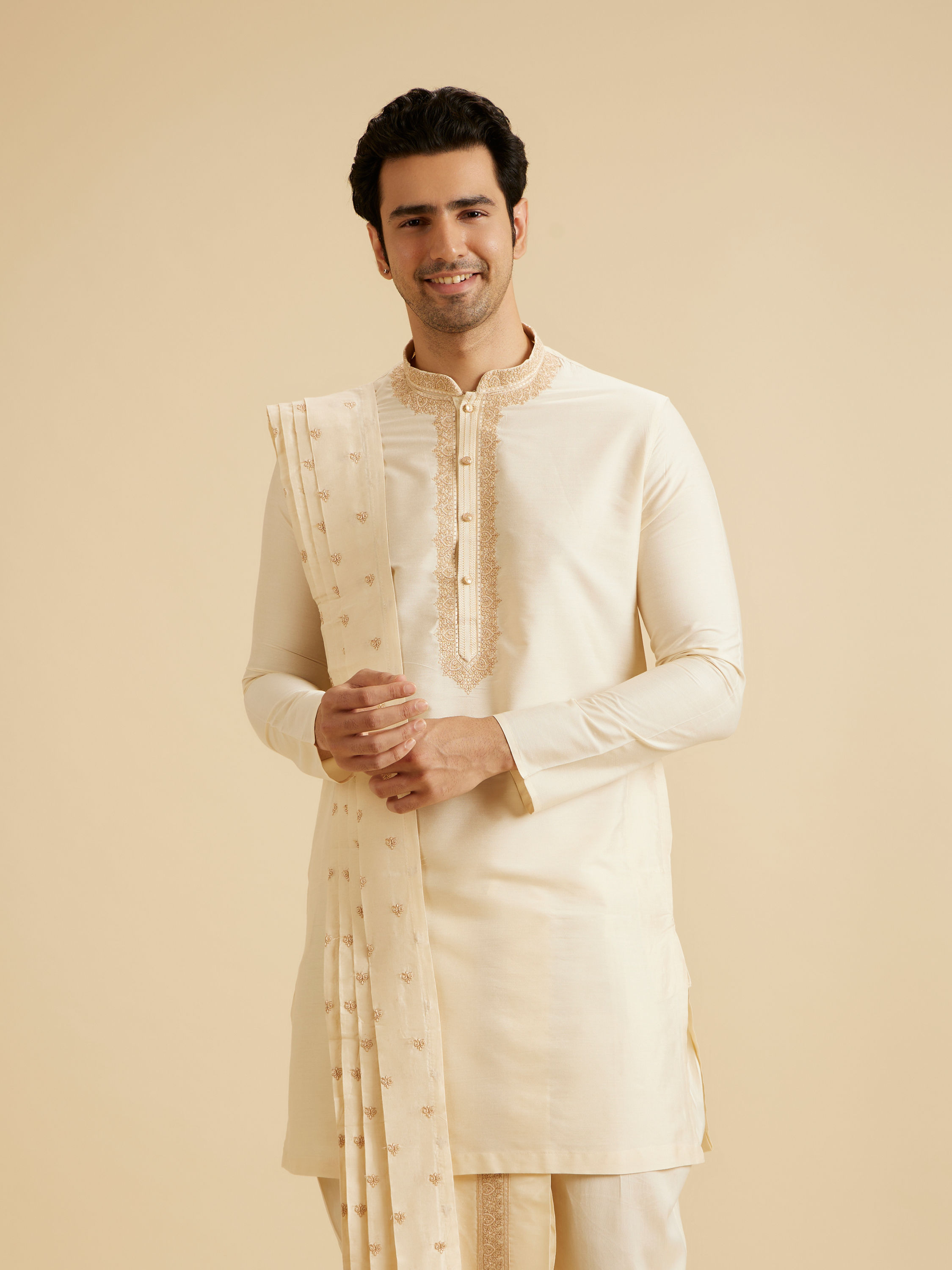 Manyavar Men Elegant Cream Kurta Dhoti Set