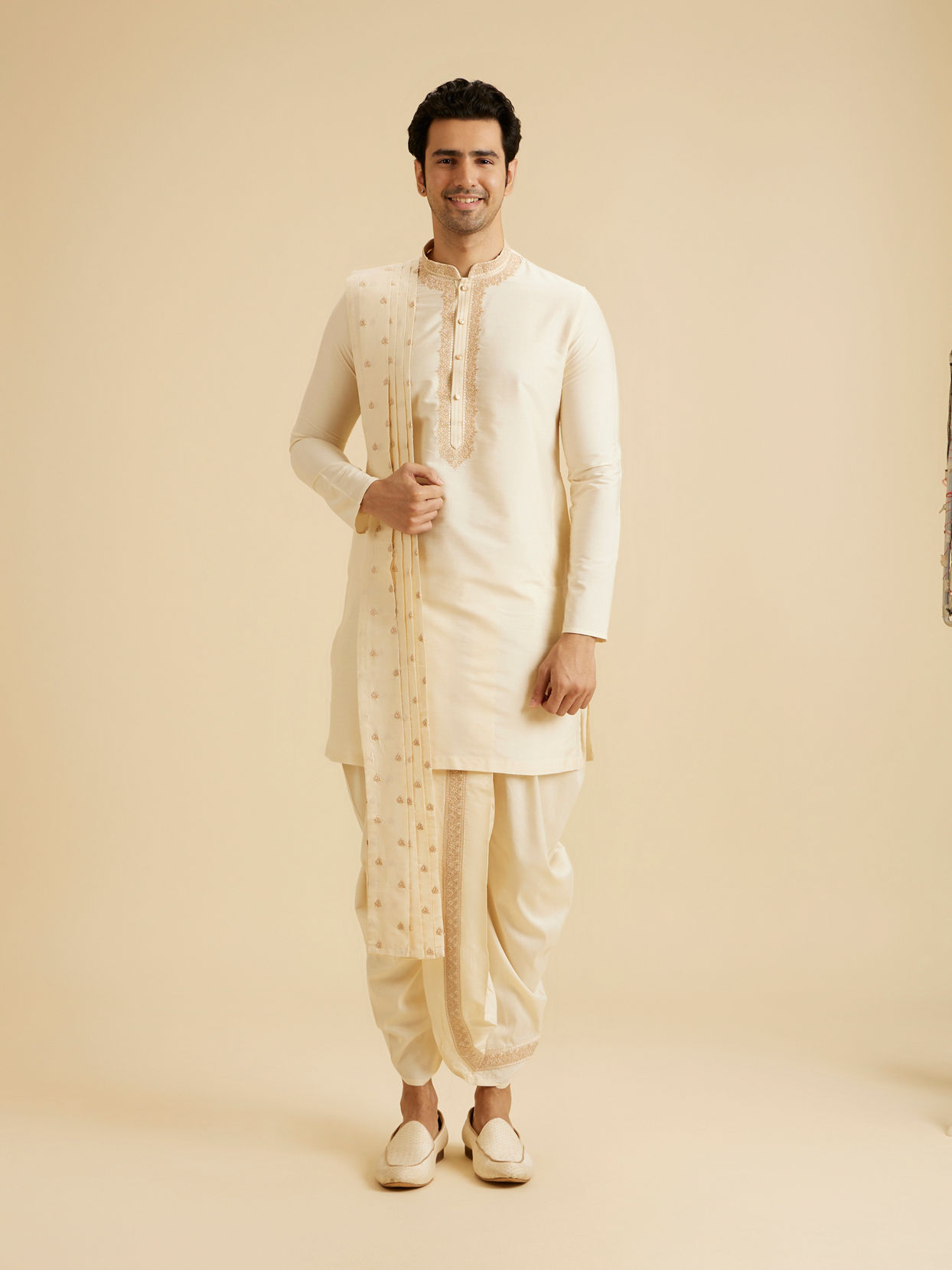 Manyavar Men Elegant Cream Kurta Dhoti Set
