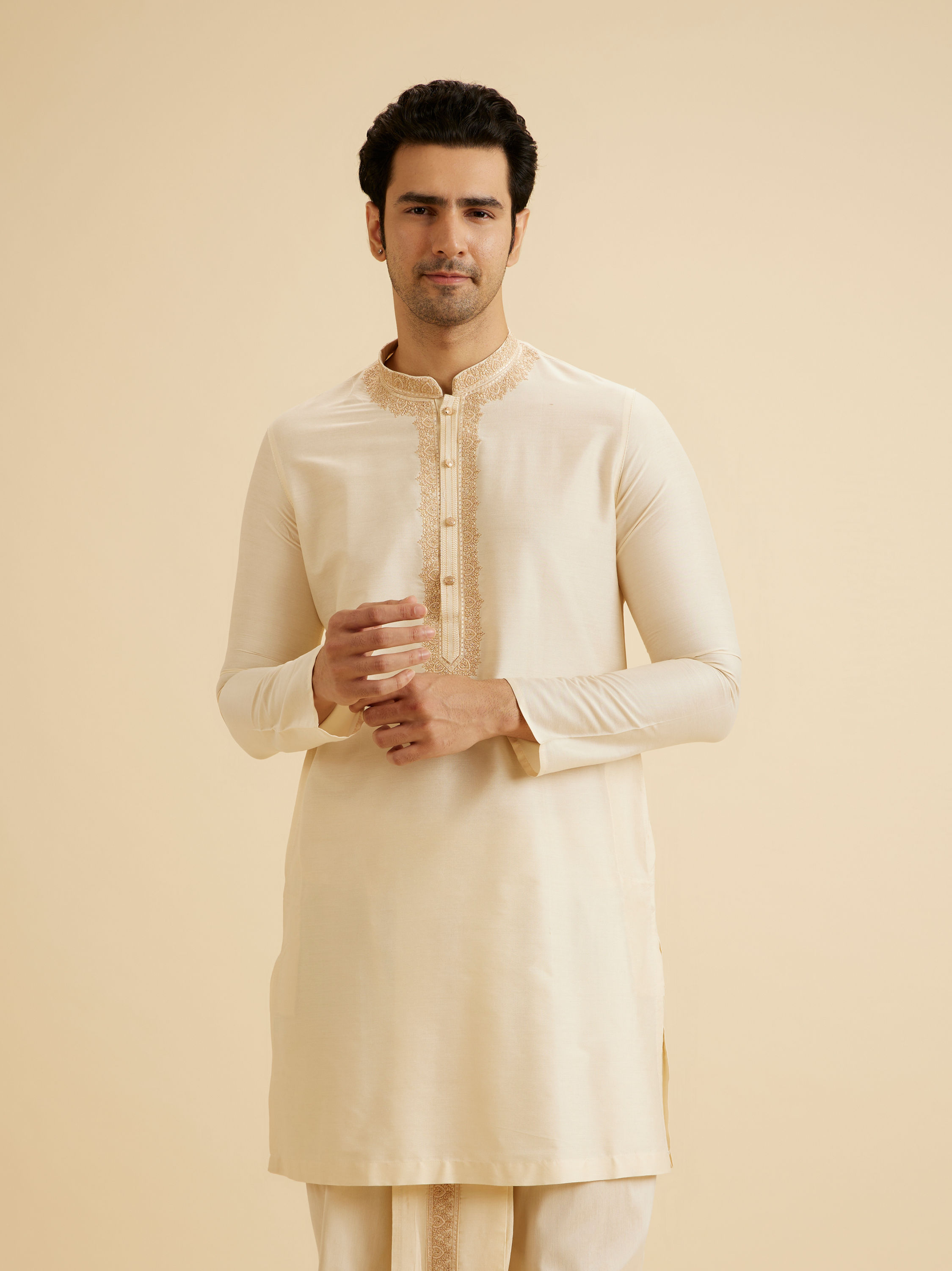 Manyavar Men Cream Elegance Kurta Dhoti