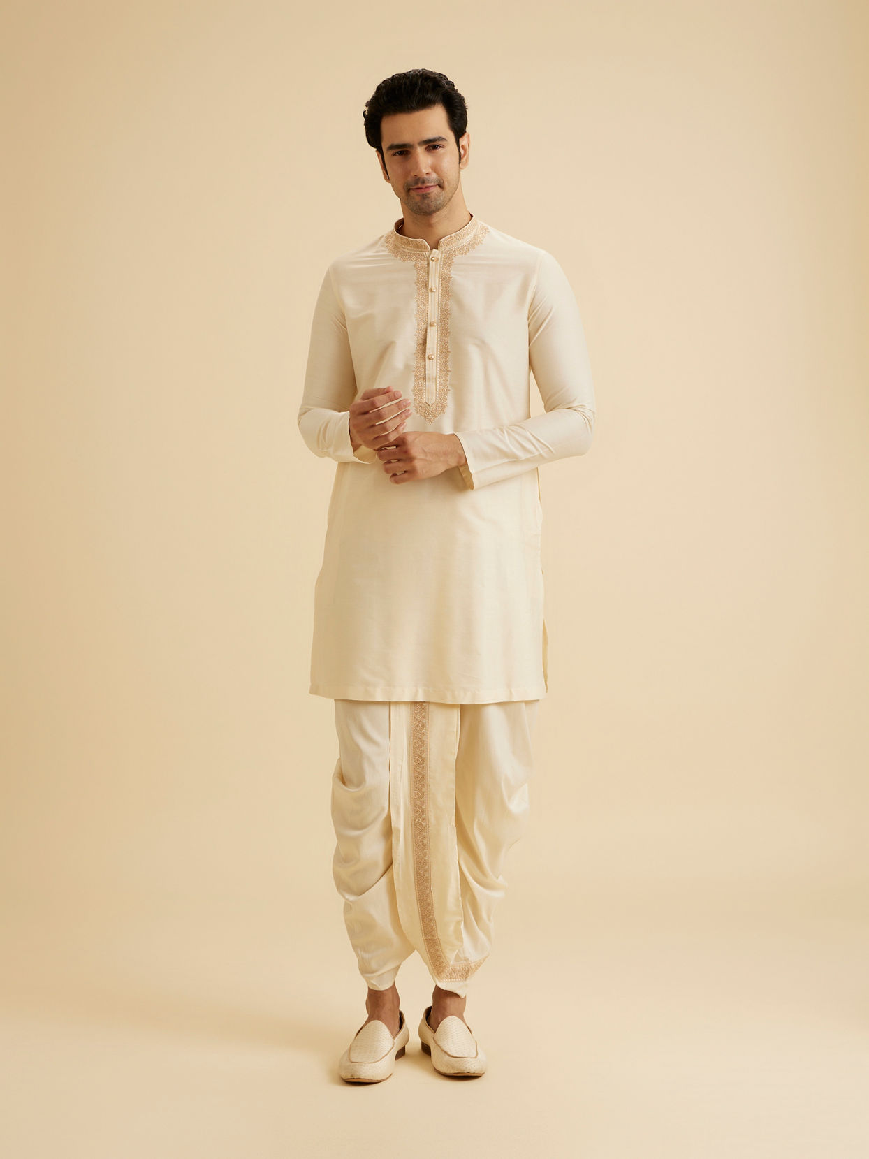 Manyavar Men Cream Elegance Kurta Dhoti