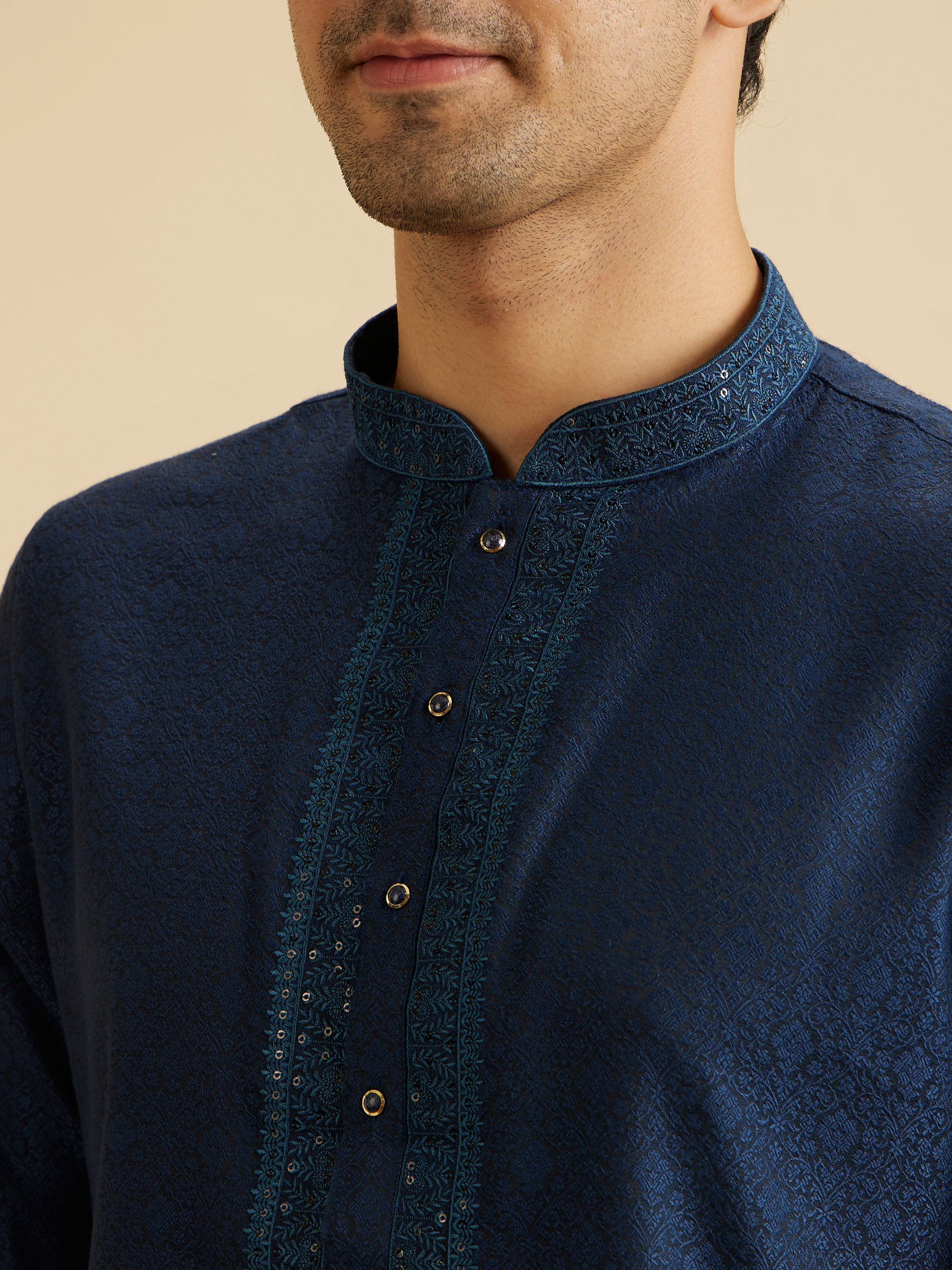 Manyavar Men Elegant Teal Blue Kurta Pajama