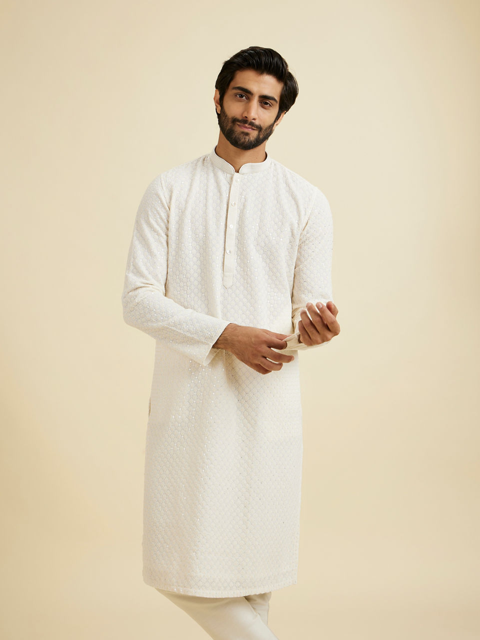 Manyavar Men Elegant Cream Georgette Kurta Pajama
