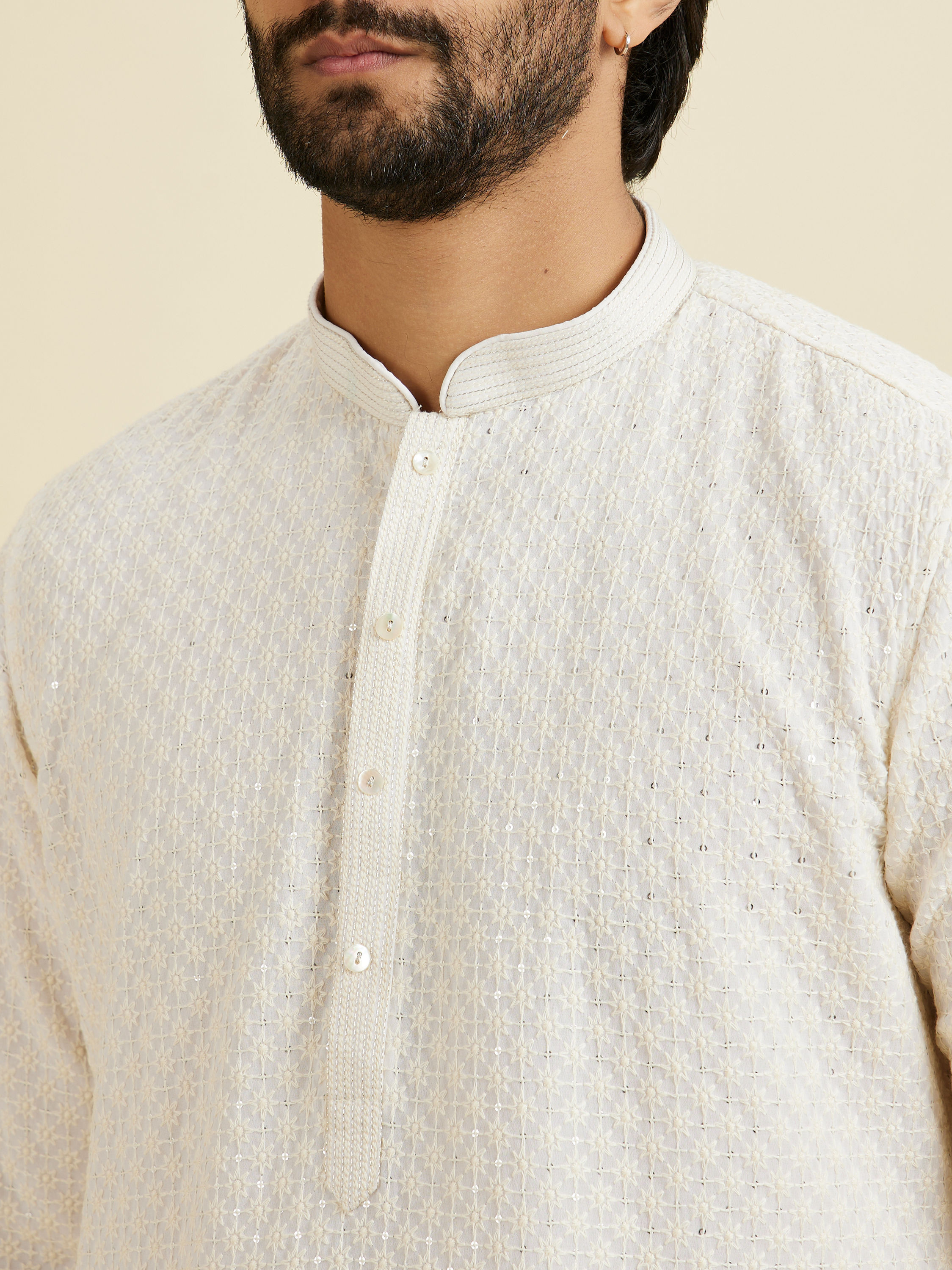 Manyavar Men Elegant Cream Georgette Kurta Pajama