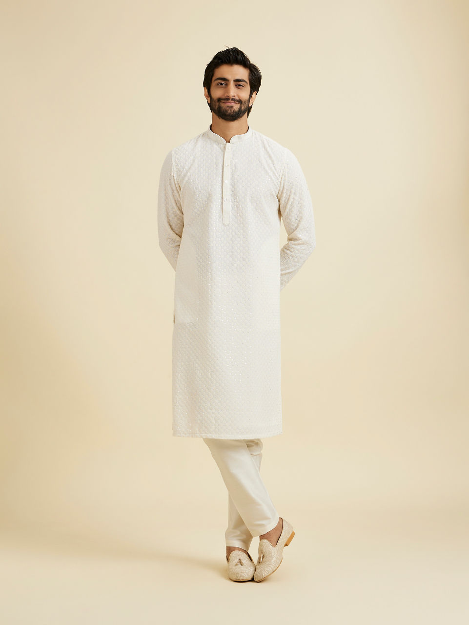 Manyavar Men Elegant Cream Georgette Kurta Pajama