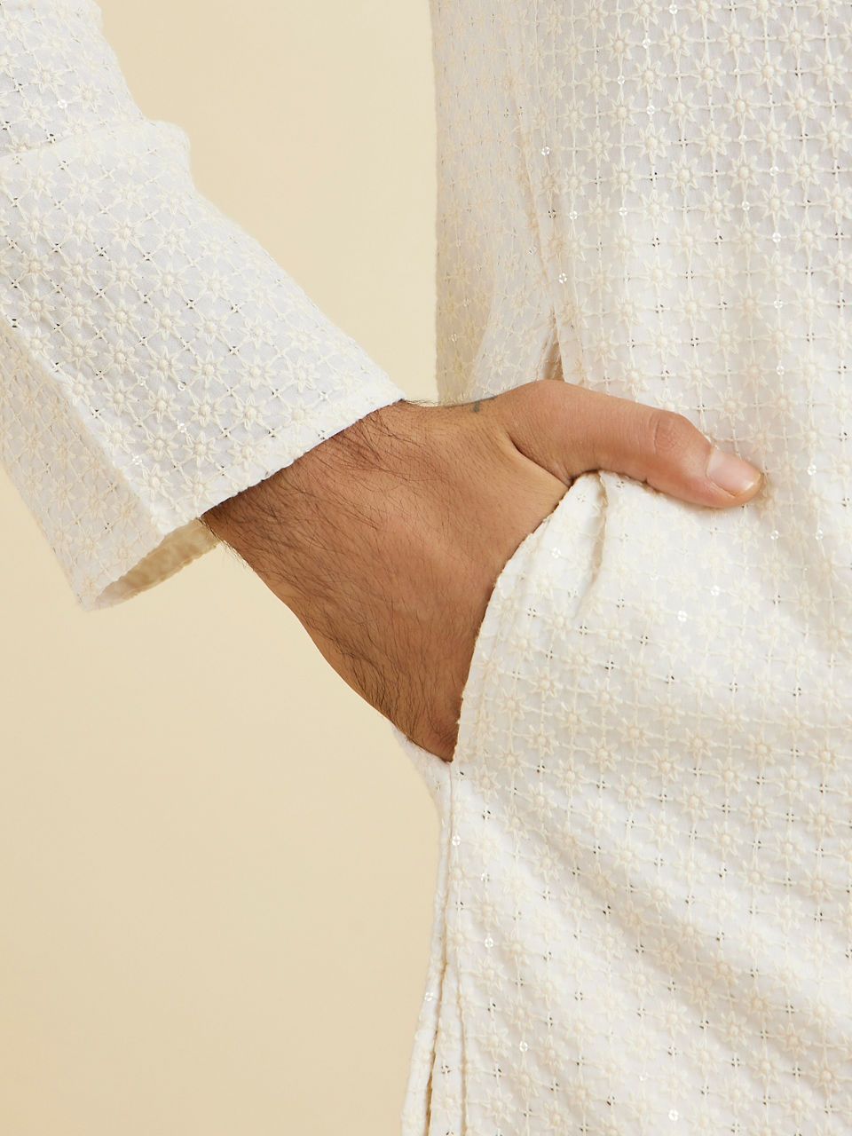 Manyavar Men Elegant Cream Georgette Kurta Pajama