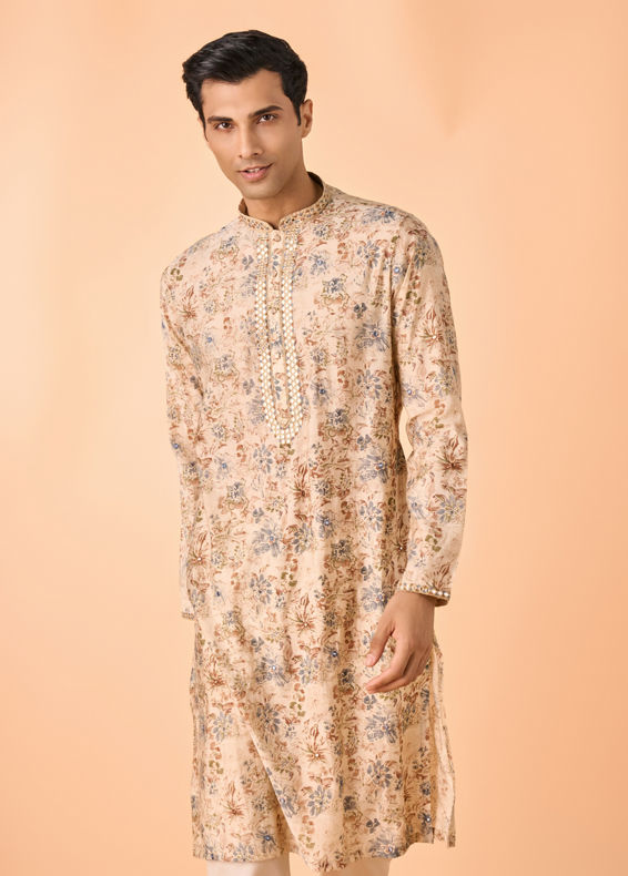 Manyavar Men Elegant Beige Viscose Kurta Pajama