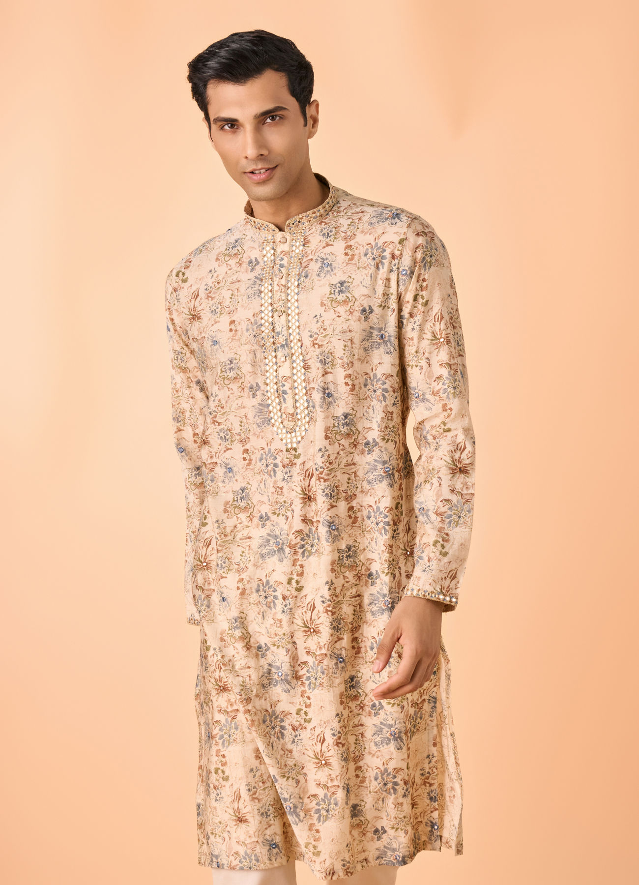Manyavar Men Elegant Beige Viscose Kurta Pajama