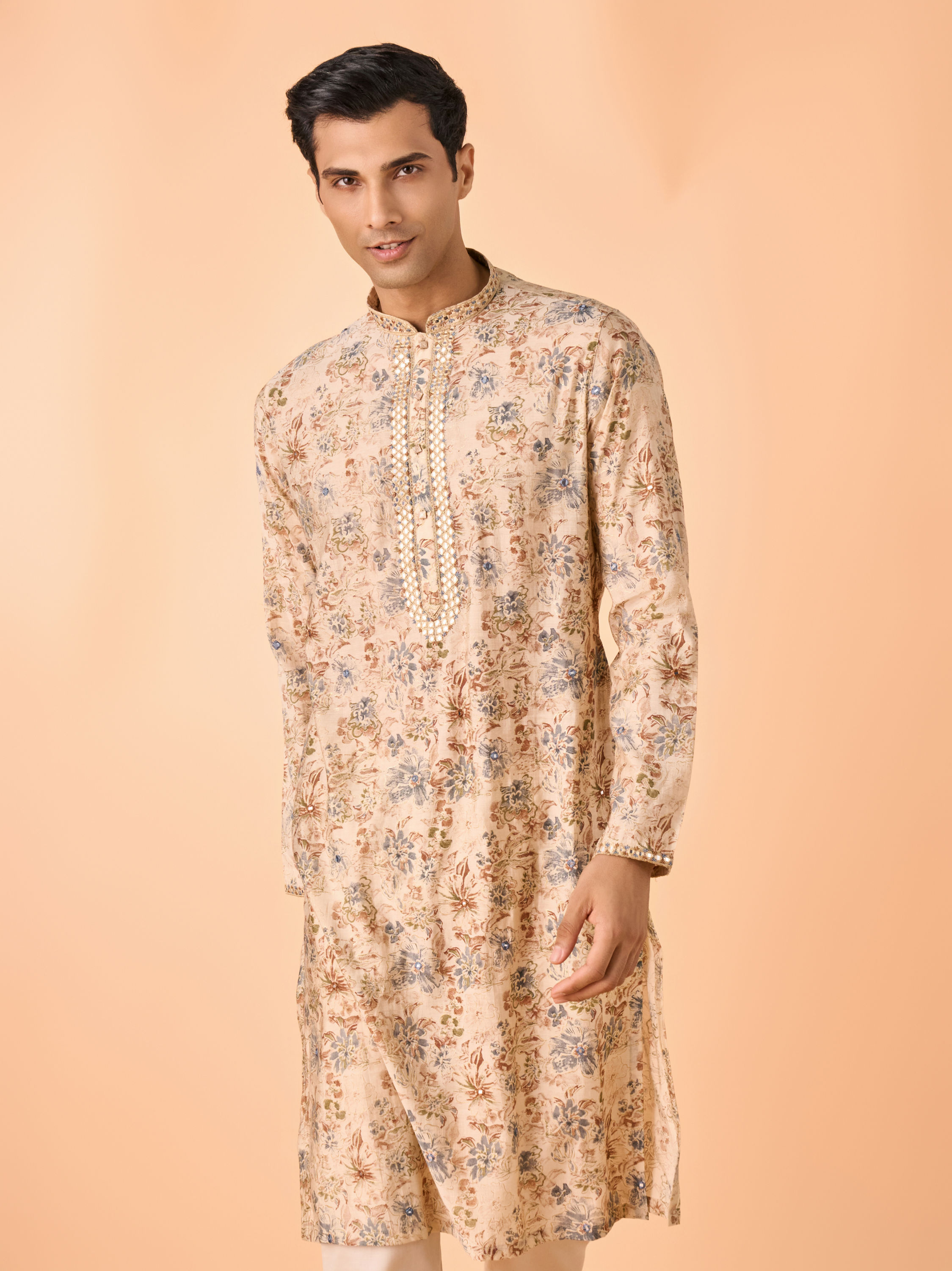 Manyavar Men Elegant Beige Viscose Kurta Pajama