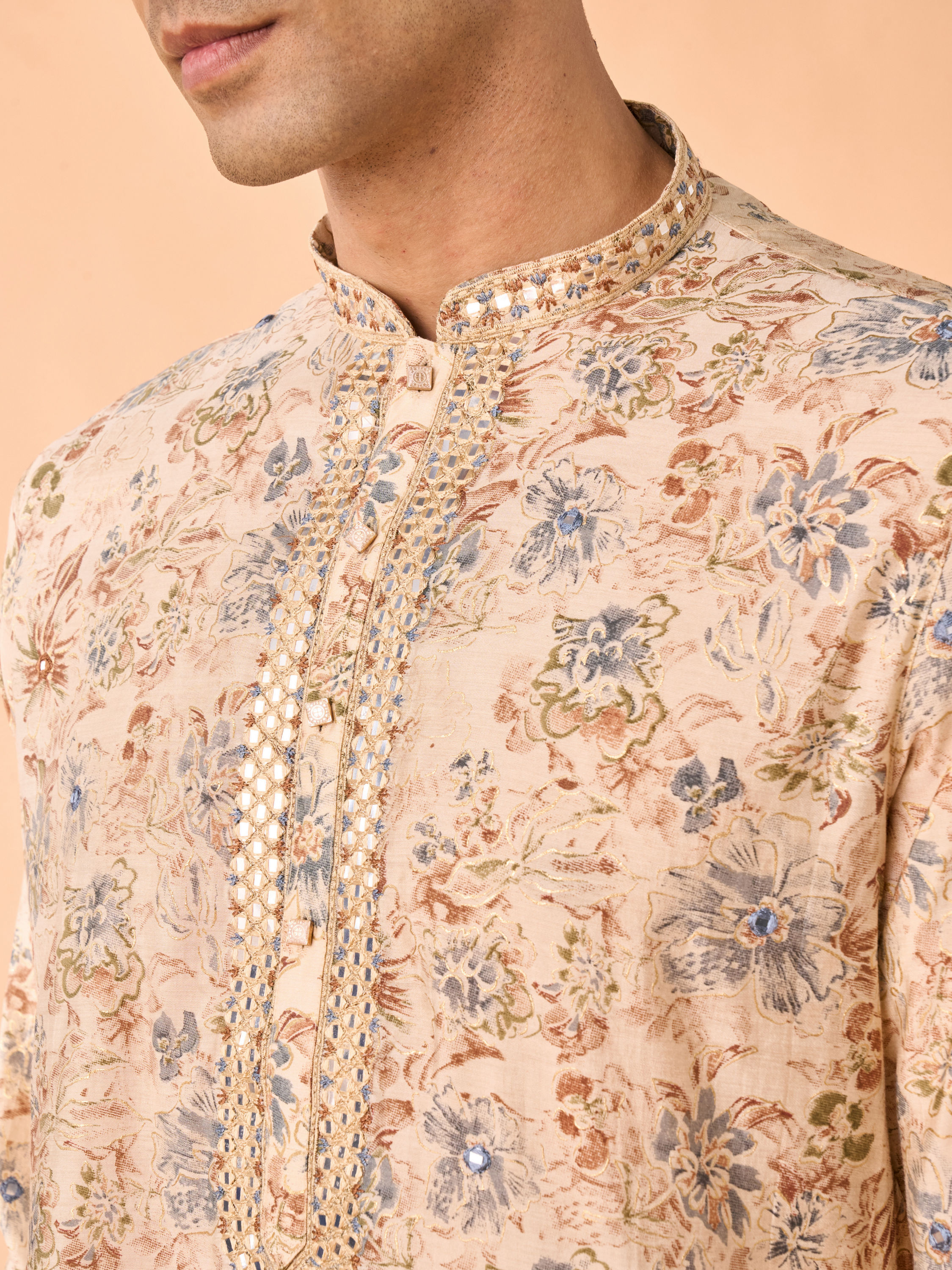 Manyavar Men Elegant Beige Viscose Kurta Pajama