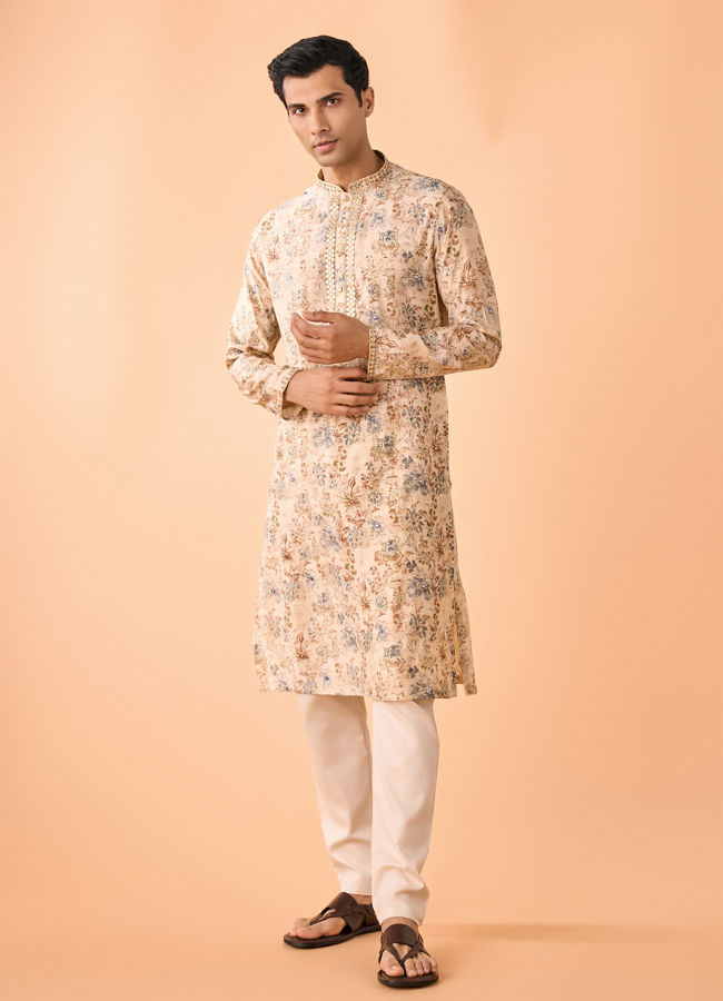 Manyavar Men Elegant Beige Viscose Kurta Pajama