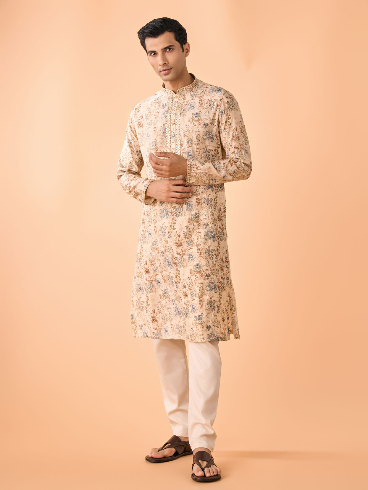 Manyavar Men Elegant Beige Viscose Kurta Pajama