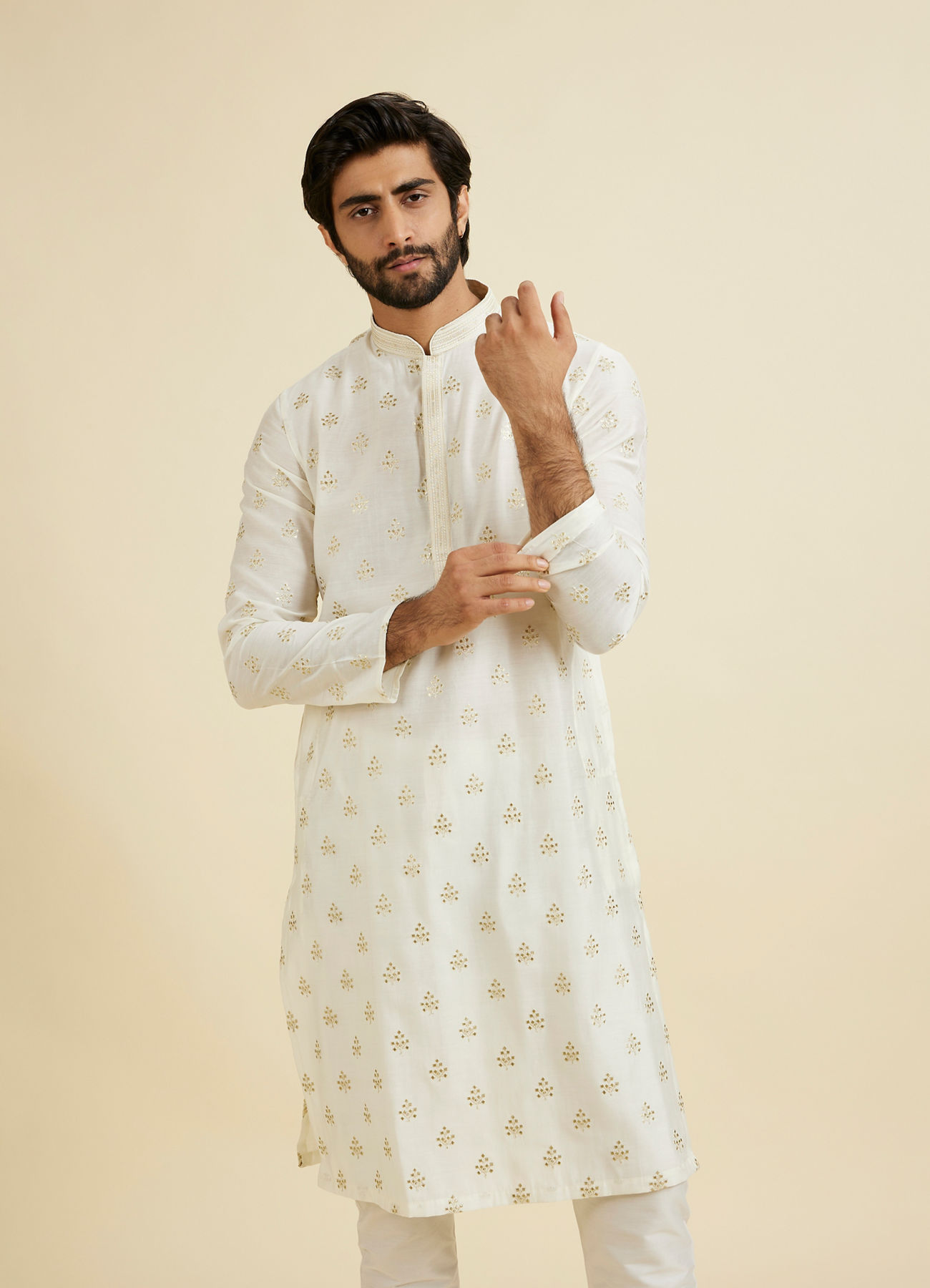 Manyavar Men Warm White Elegance Kurta Pajama