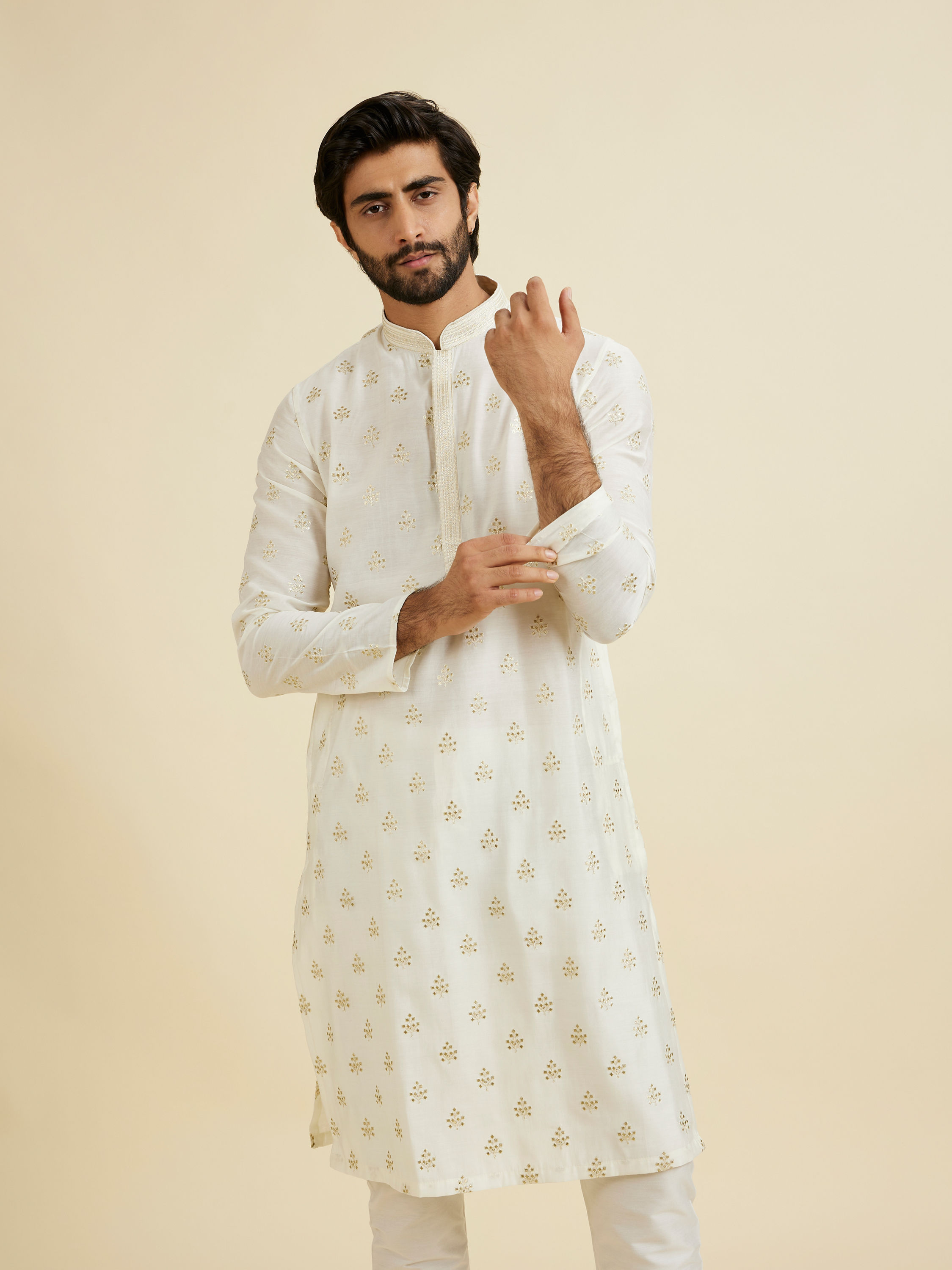 Manyavar Men Warm White Elegance Kurta Pajama