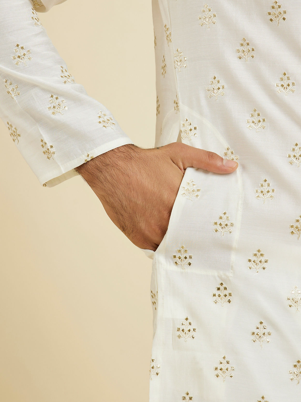 Manyavar Men Warm White Elegance Kurta Pajama